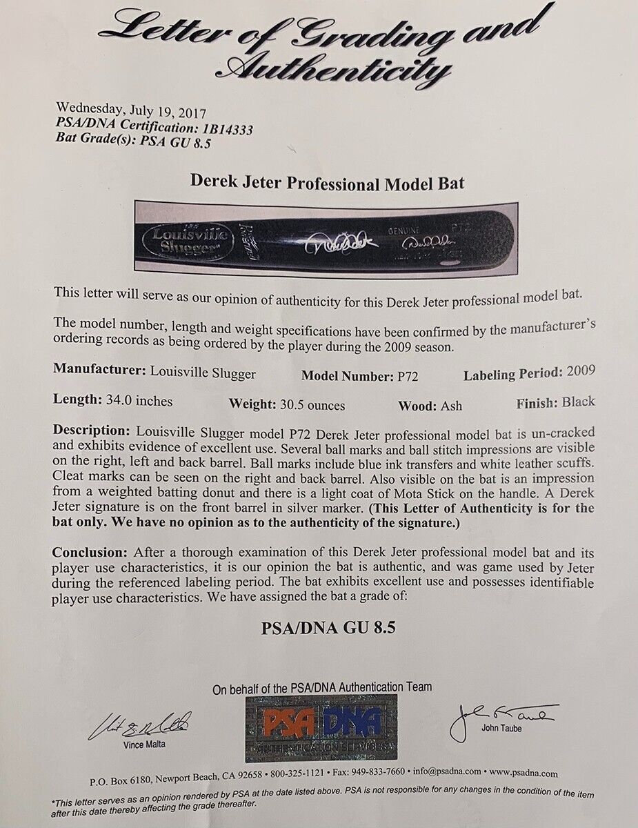 2009 Derek Jeter Game Used & Signed Bat, World Series Season. Steiner PSA GU 8.5