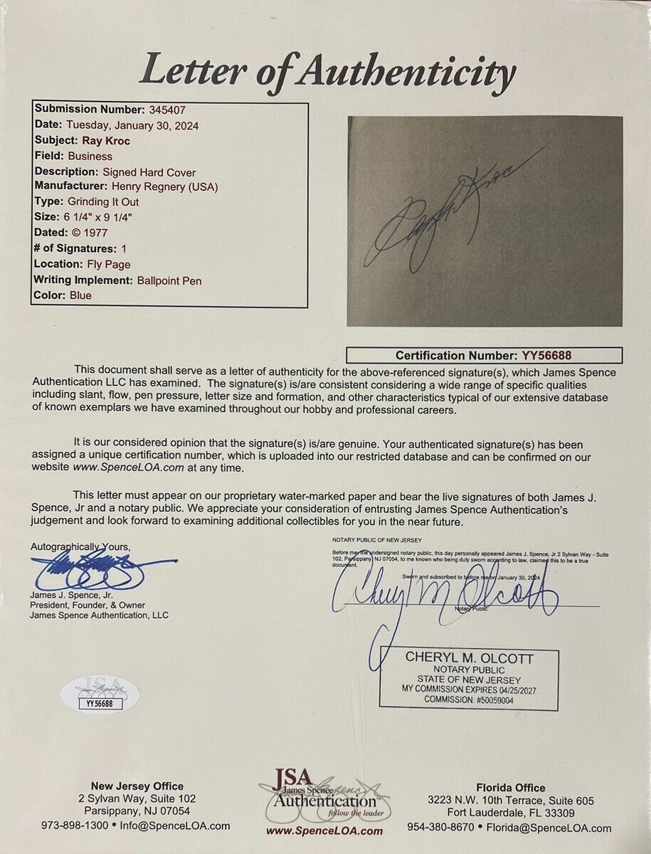 Ray Kroc Signed Autobiography Book Grinding It Out, 1977. McDonalds Founder. JSA