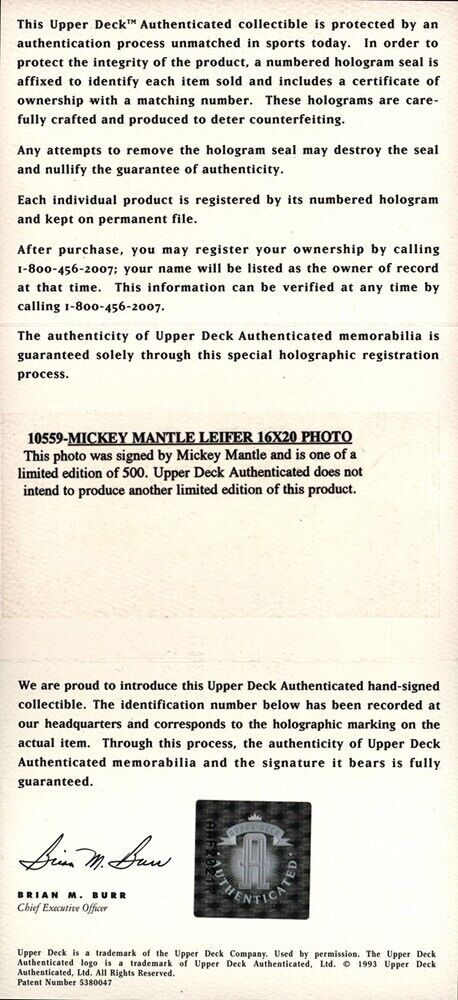 Mickey Mantle Signed 16x20 Neil Leifer Photo. Upper Deck UDA Limited Edition