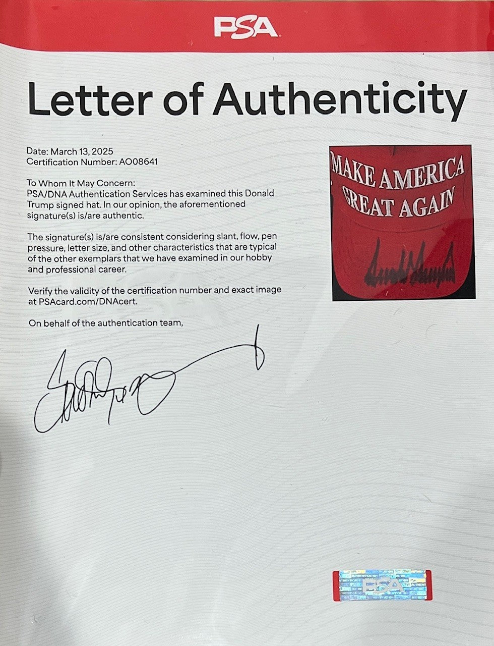President Donald Trump Signed MAGA Hat, Full Name. Make America Great Again. PSA6
