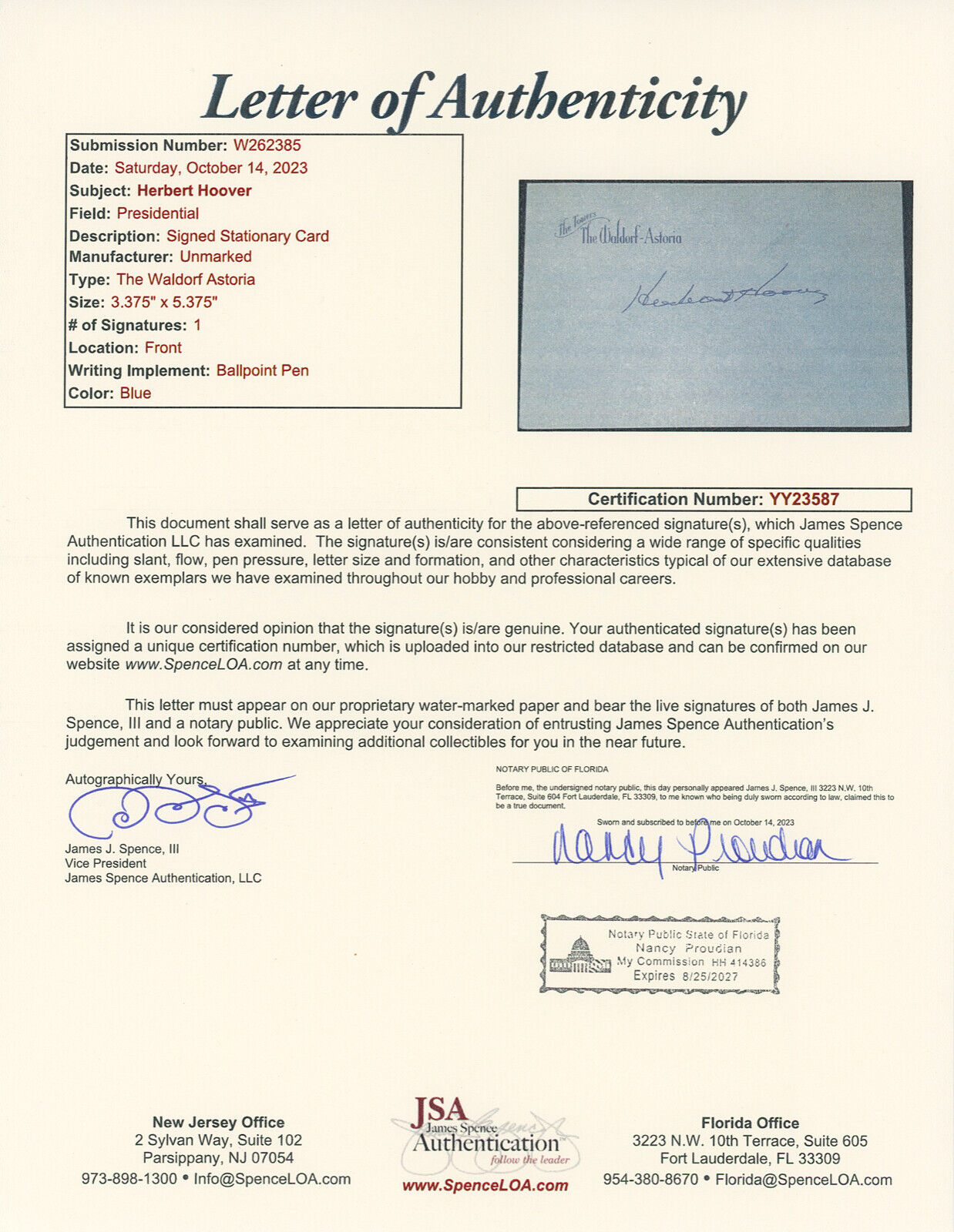 President Herbert Hoover Signed Waldorf Astoria Card . JSA