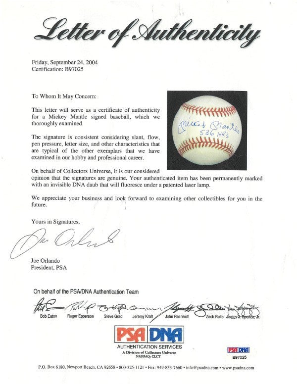 Mickey Mantle Single Signed & Inscribed Baseball, 536 HR’s. Auto PSA3