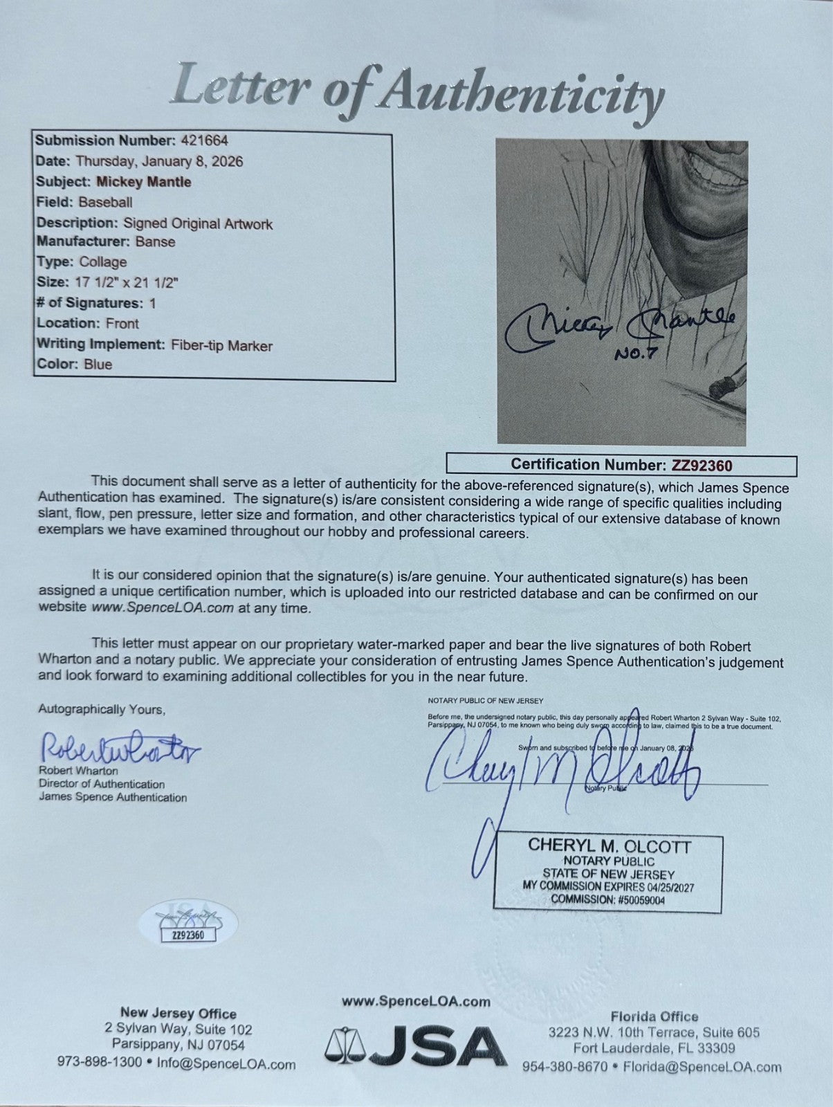 Mickey Mantle Signed & Inscribed Original Art, Banse Drawing. Auto JSA4