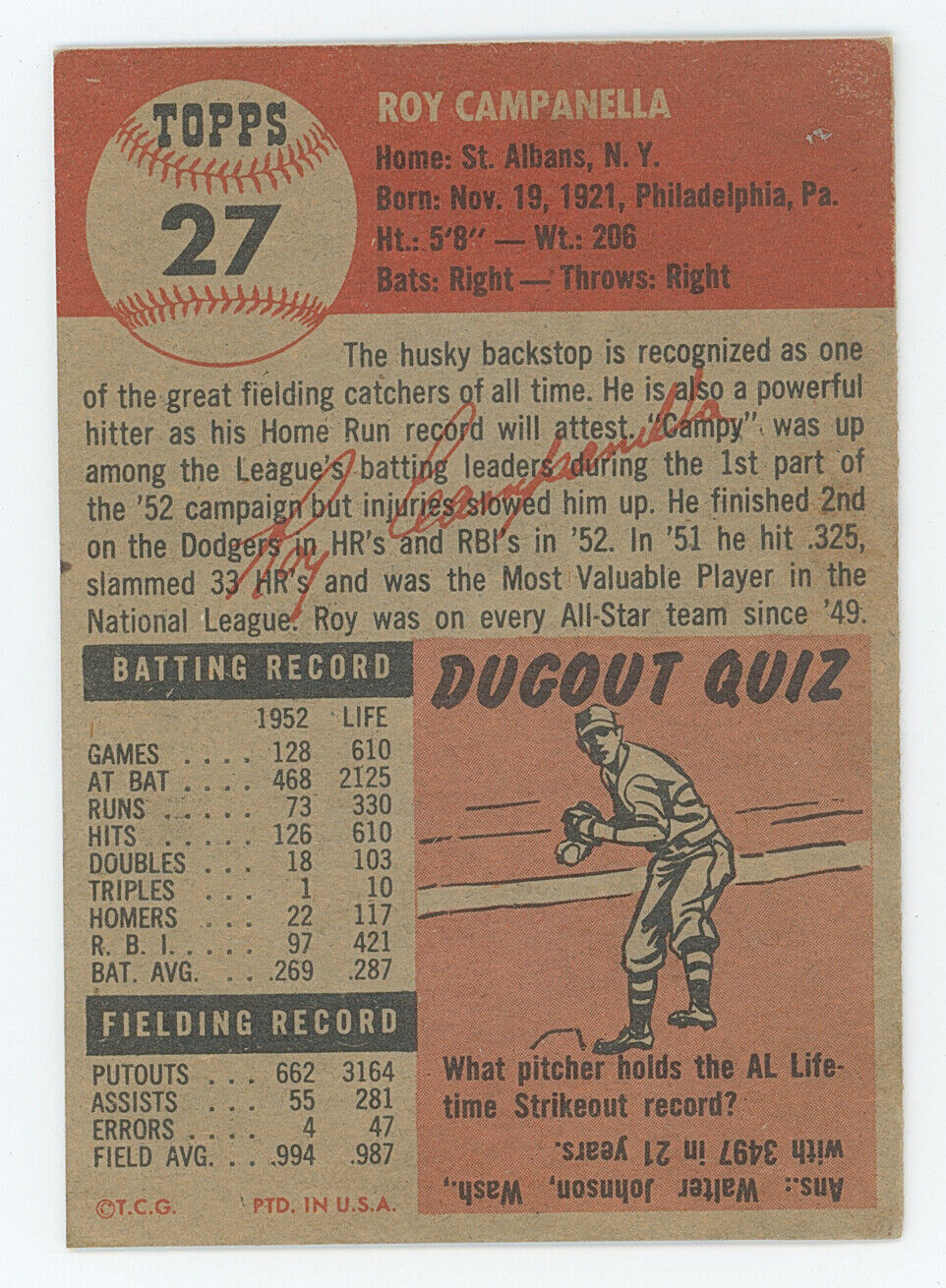 1953 Topps Roy Campanella. Brooklyn Dodgers.