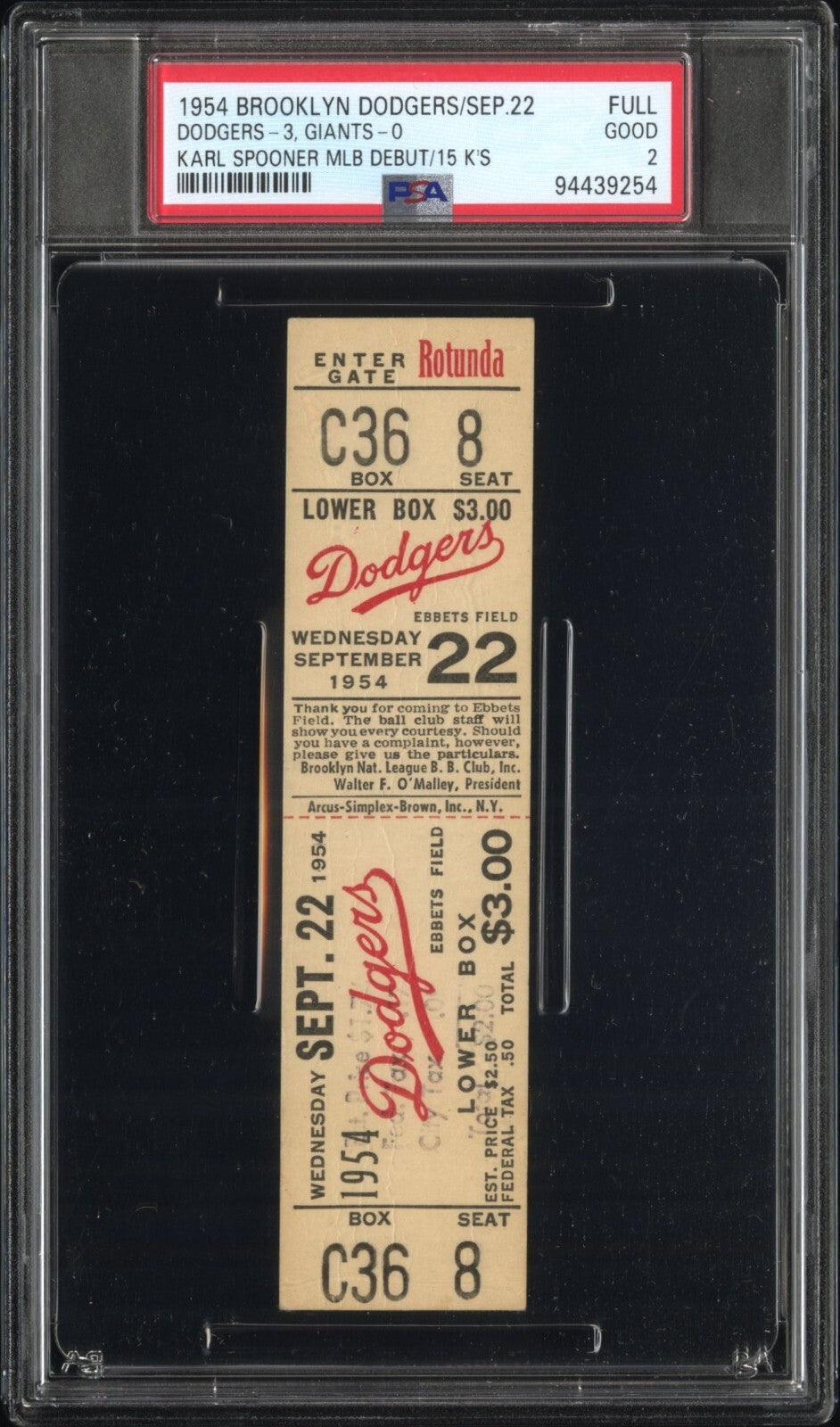 1954 Karl Spooner Original Full Ticket from MLB Debut, 15 Ks Strikeouts. PSA1