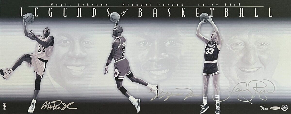 Michael Jordan, Magic Johnson & Larry Bird Signed Upper Deck Photo. Auto UDA