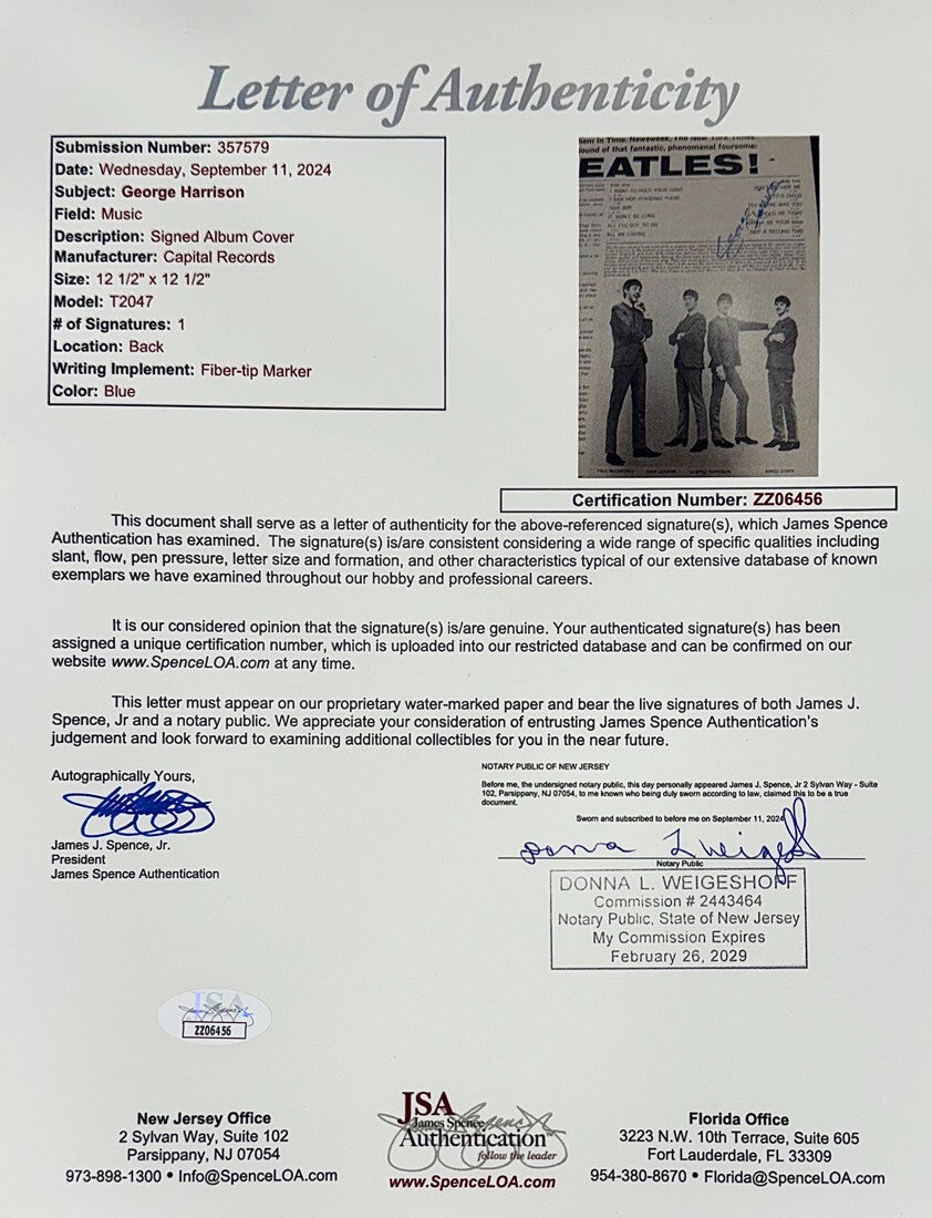 Rare George Harrison Autograph, Signed Meet the Beatles Album Cover. JSA5
