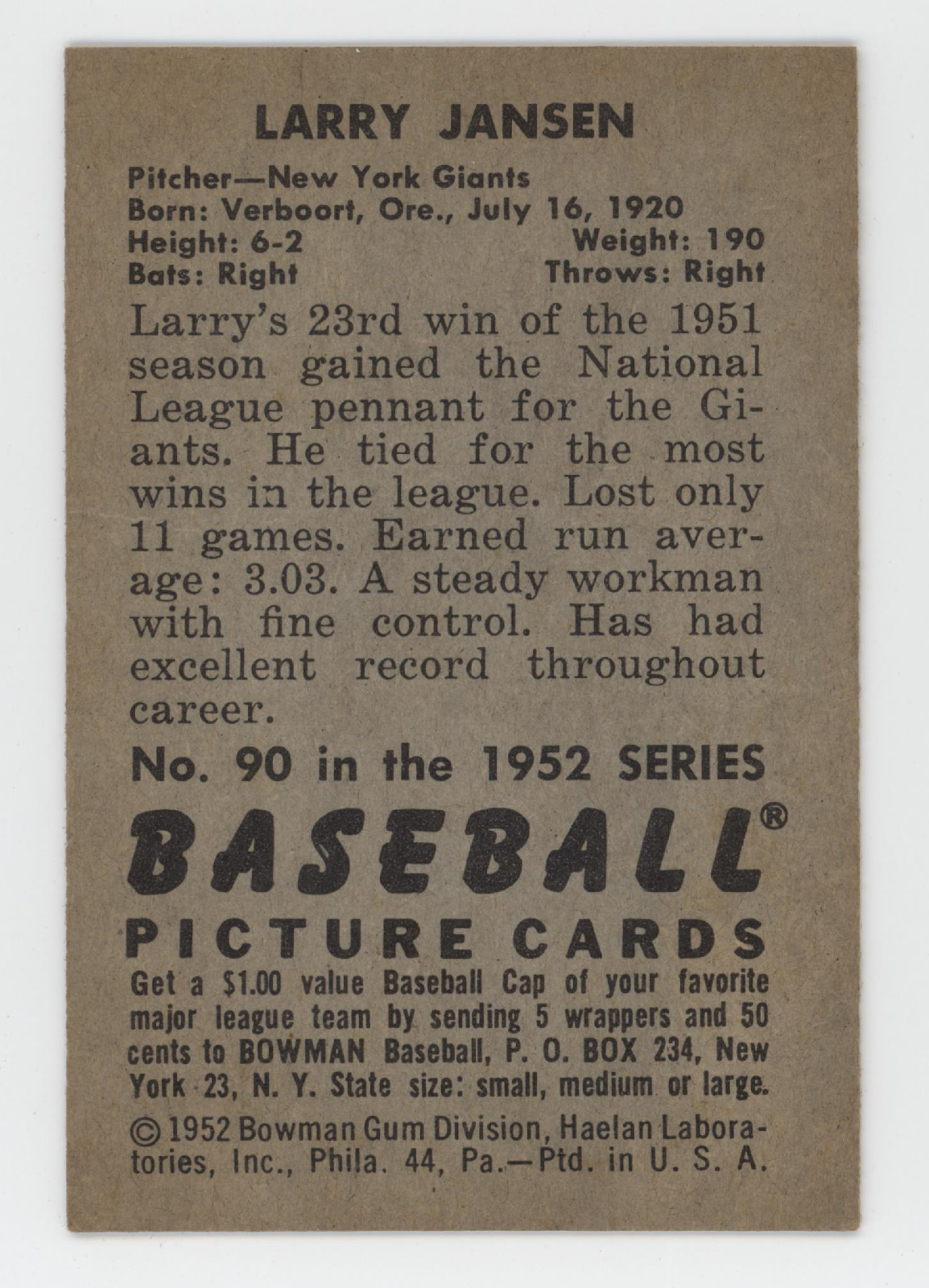 Larry Jansen 1952 Bowman.