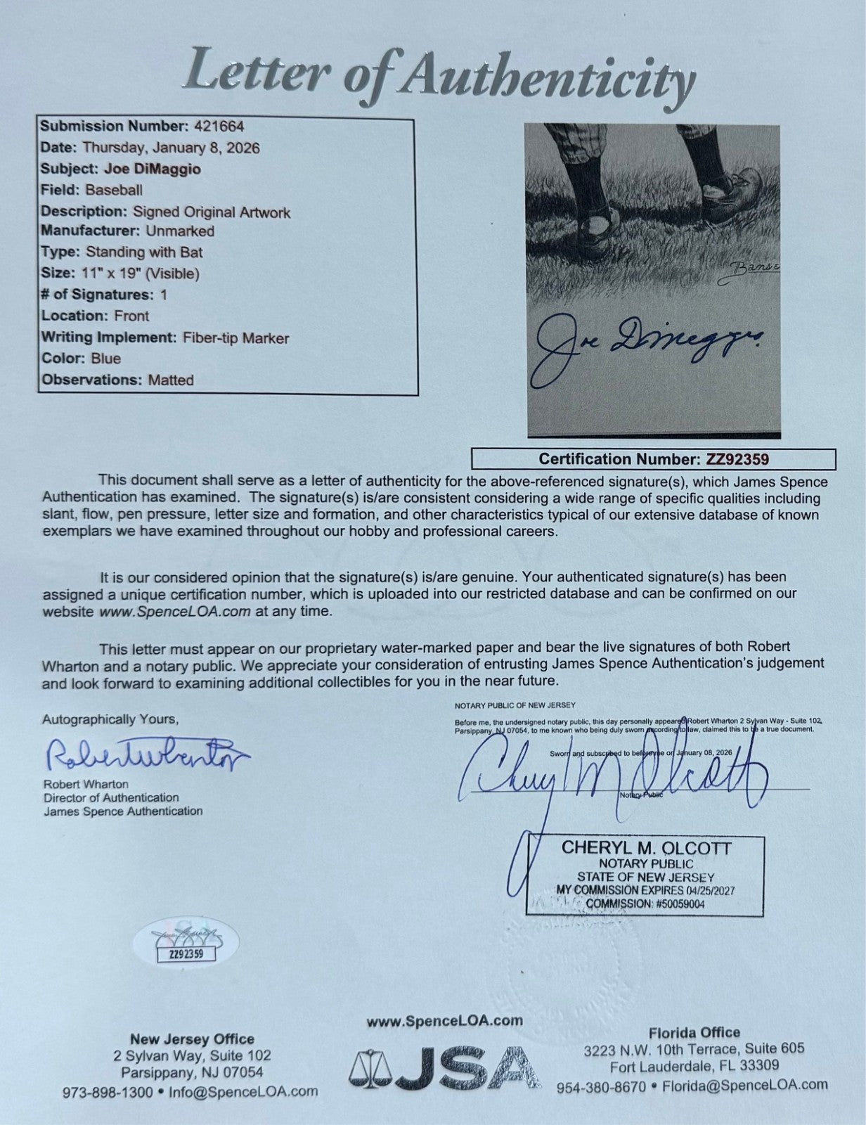 Joe DiMaggio Signed & Inscribed Original Art, Banse Drawing. Auto JSA4