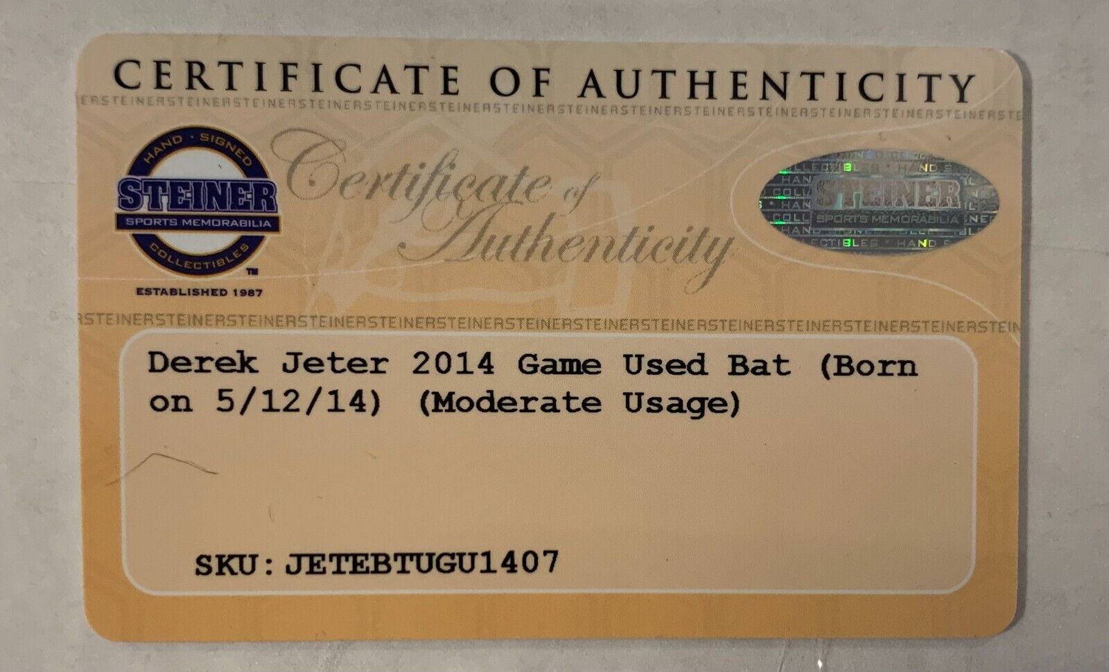 Derek Jeter Game Used & Signed Bat, 2014 Final Season. 3 Hit Game. Steiner