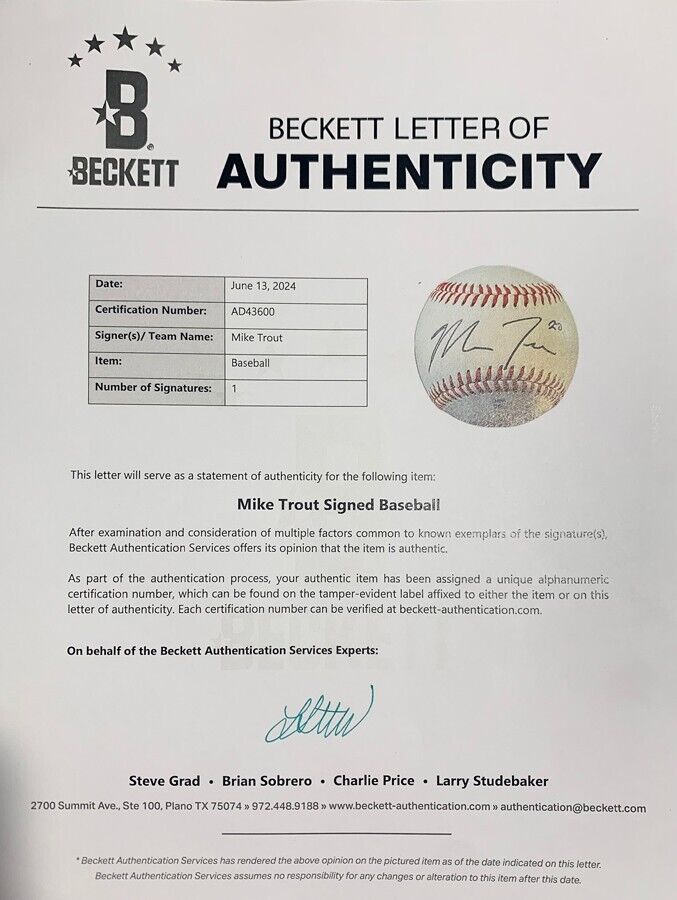 Rare Mike Trout Single Signed Baseball, 2010 Pre-Rookie Auto "20". Beckett BAS