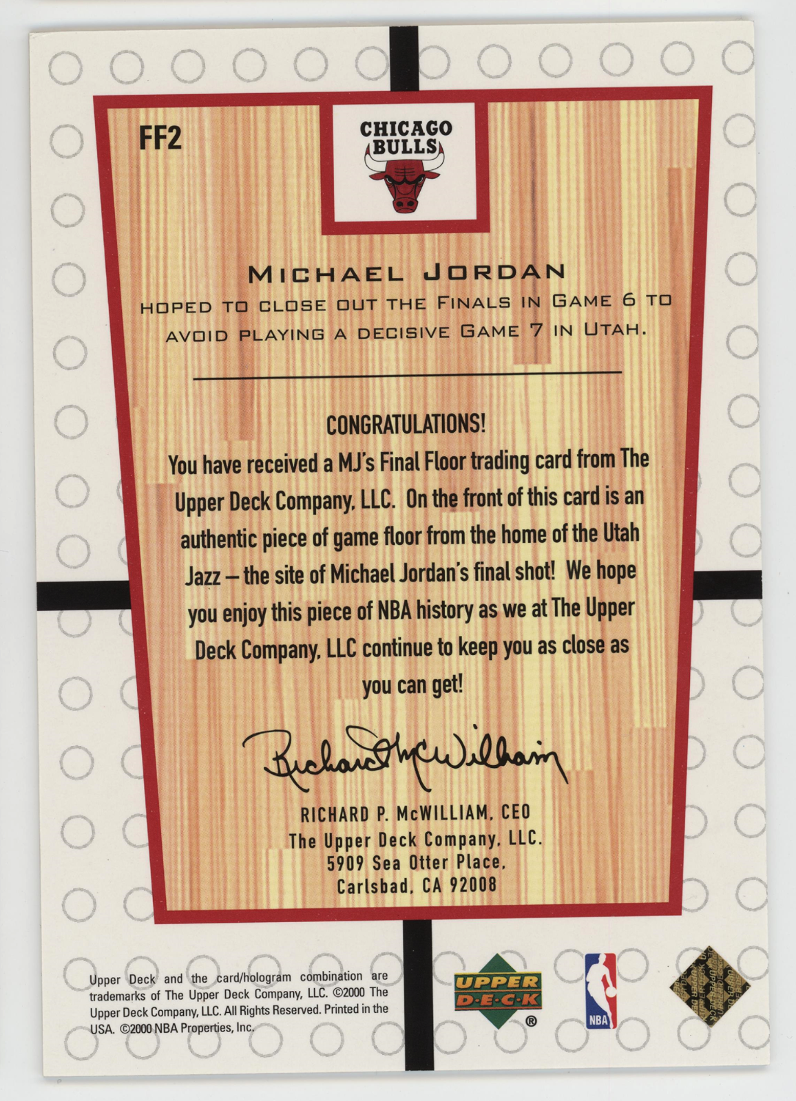 Michael Jordan 2000 Upper Deck Final Floor Game Used 1998 Finals Card.