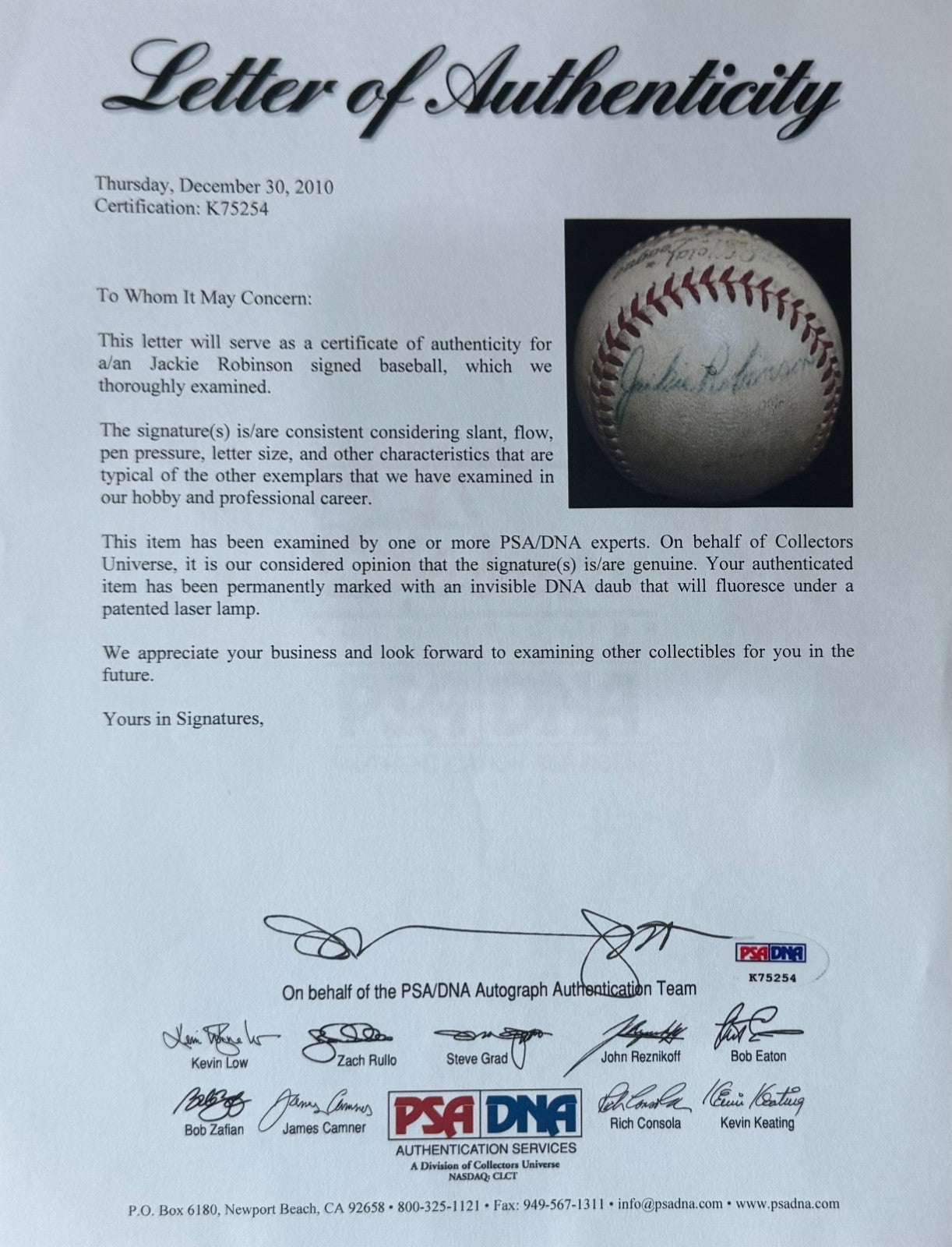 Jackie Robinson c.1949 Single Signed Baseball, Official National League. PSA7