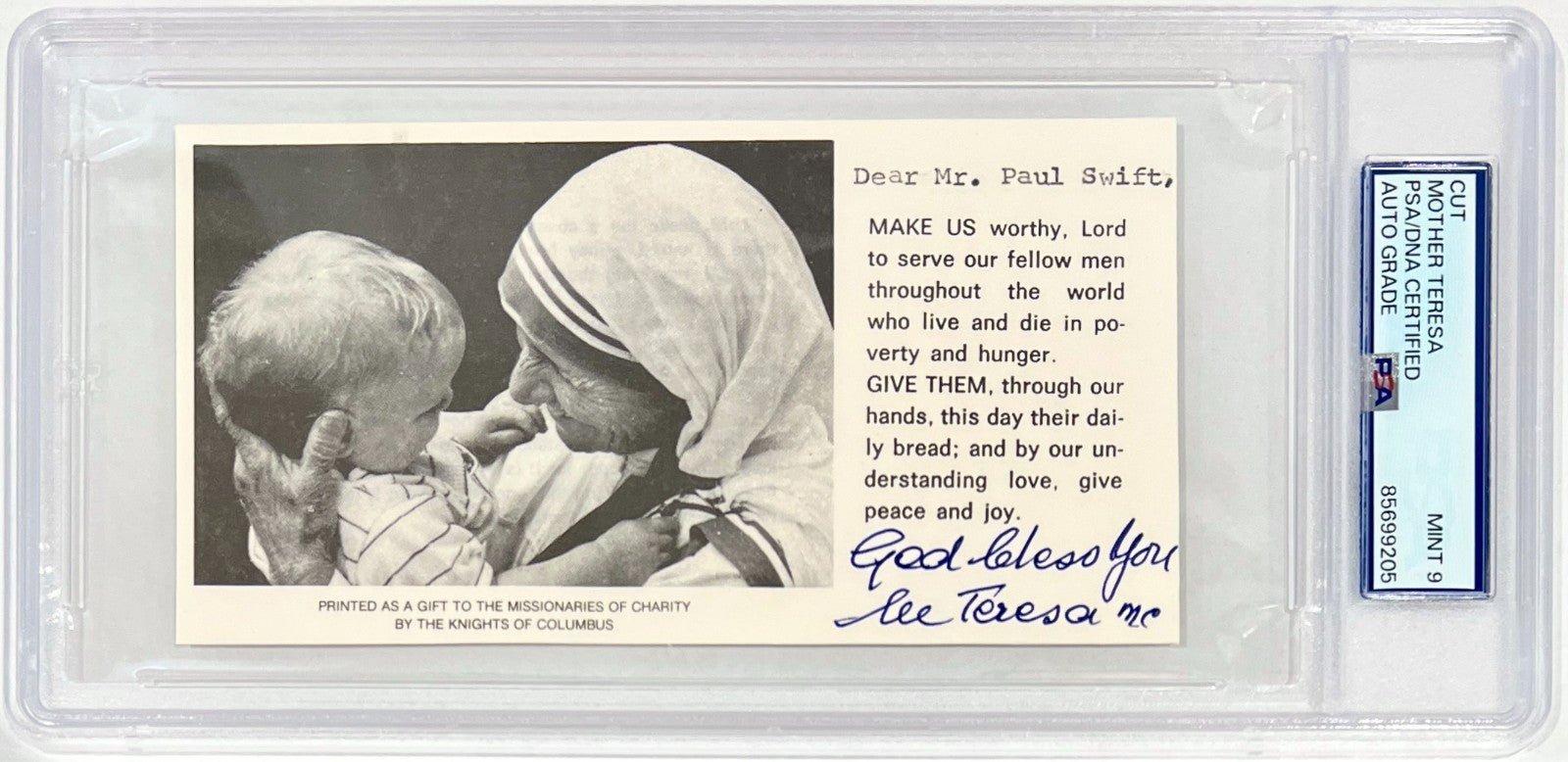 Mother Teresa Signed & Inscribed Prayer Card. Auto PSA Mint 90