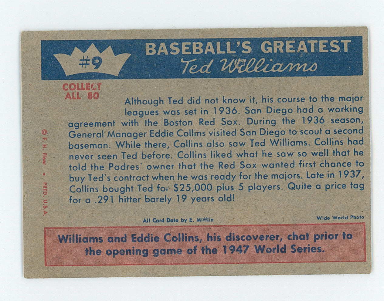 1959 Fleer Ted Williams First Step To The Majors. HOF Boston Red Sox.