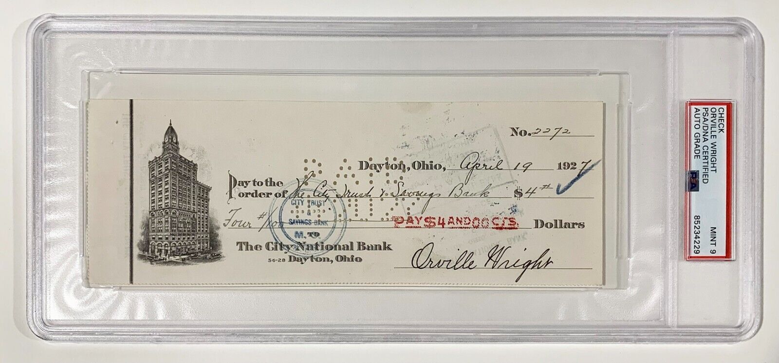 Orville Wright Signed Check, 1927. First in Flight. Auto PSA Mint 9