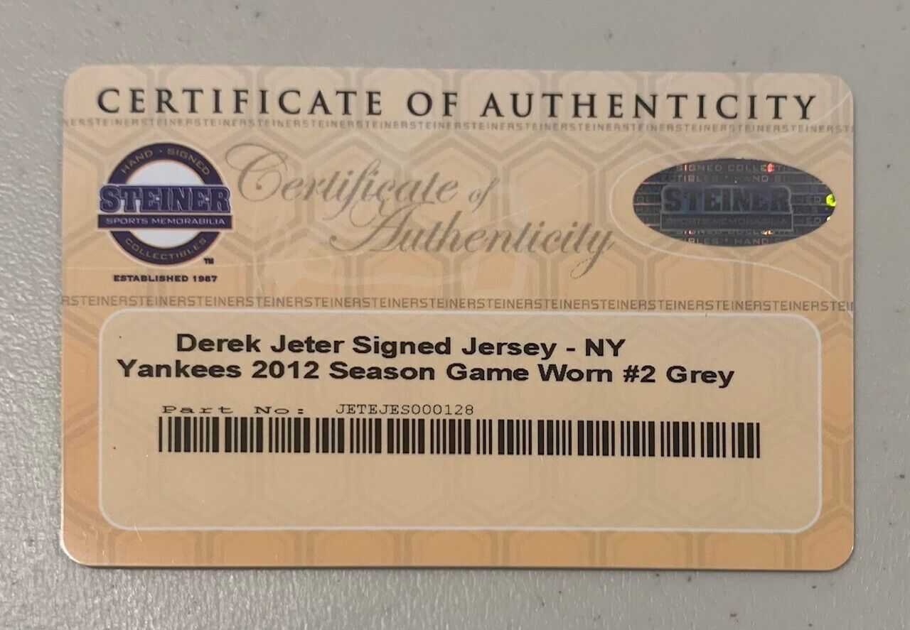 Derek Jeter 2012 Game Used Worn Signed Jersey 3 Hits. Photo Matched PM&G Steiner