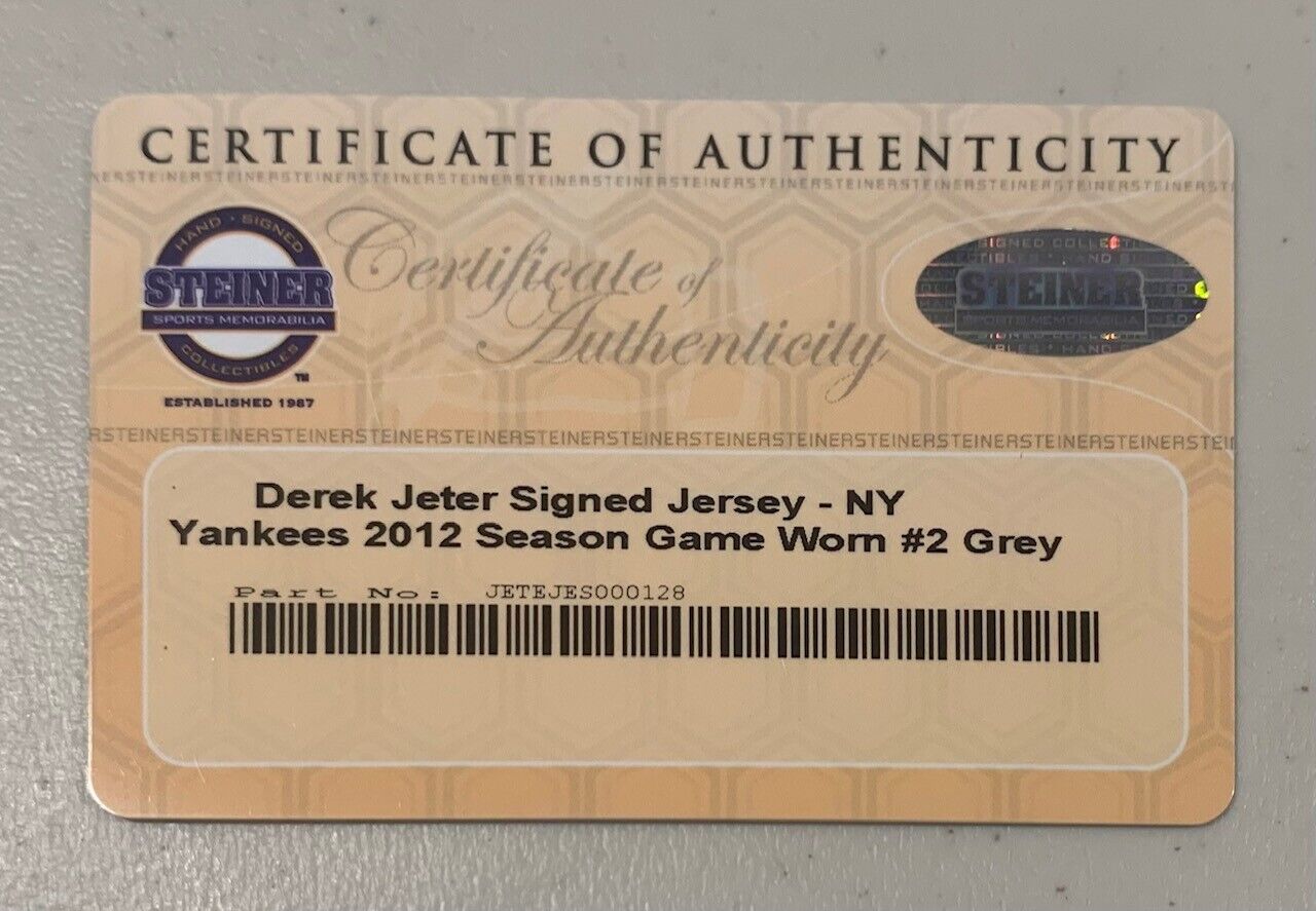 Derek Jeter 2012 Game Used Worn Signed Jersey 3 Hits. Photo Matched PM&amp;G Steiner