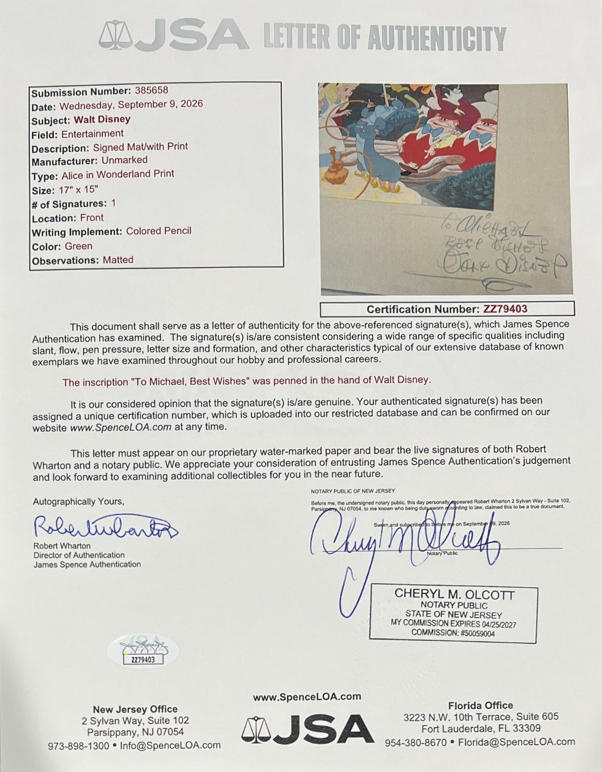 Walt Disney Signed Alice in Wonderland Dye Transfer Print Photo. Auto JSA4