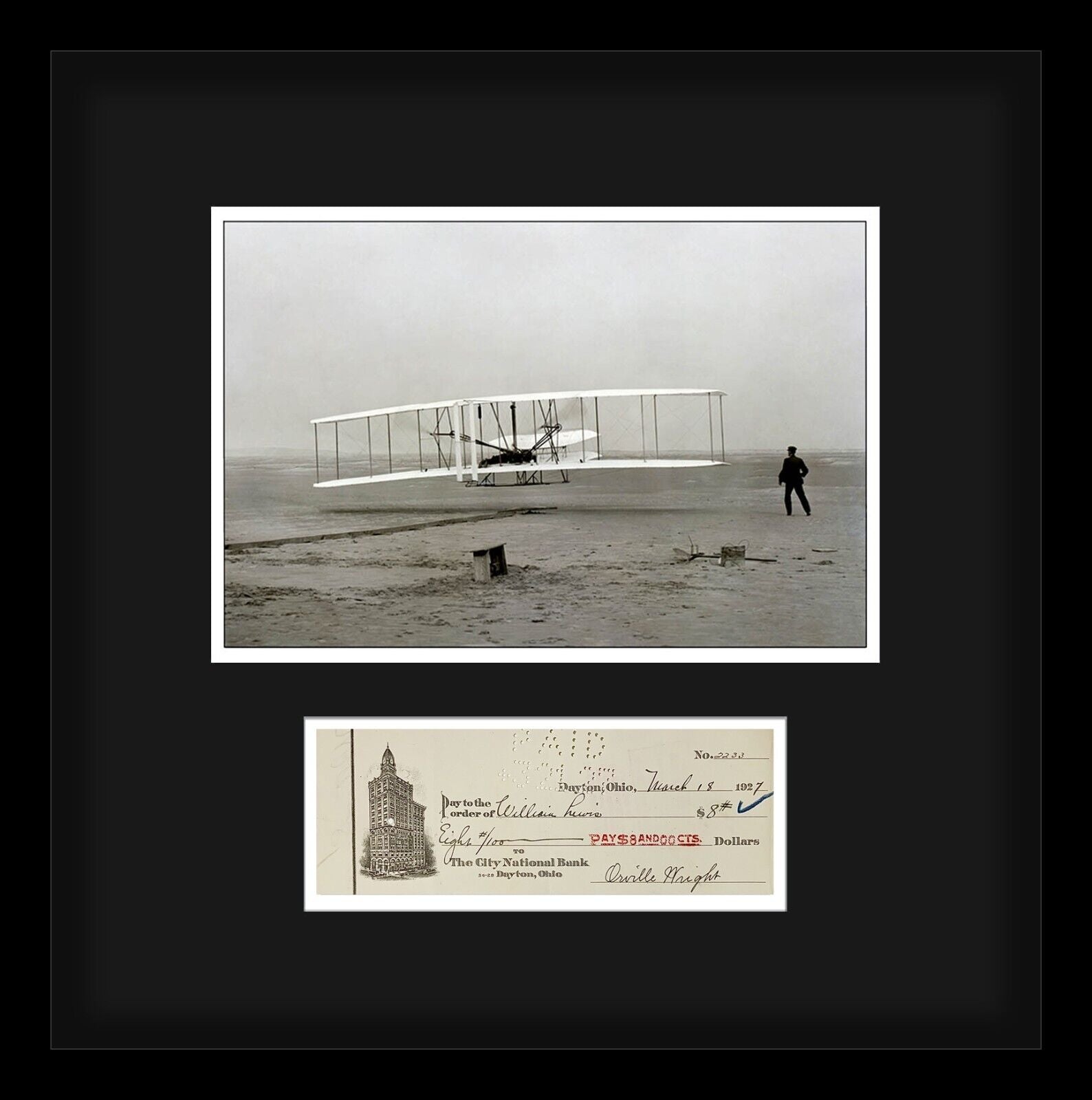 Orville Wright Signed Check, First in Flight Custom Autograph Display. Auto JSA