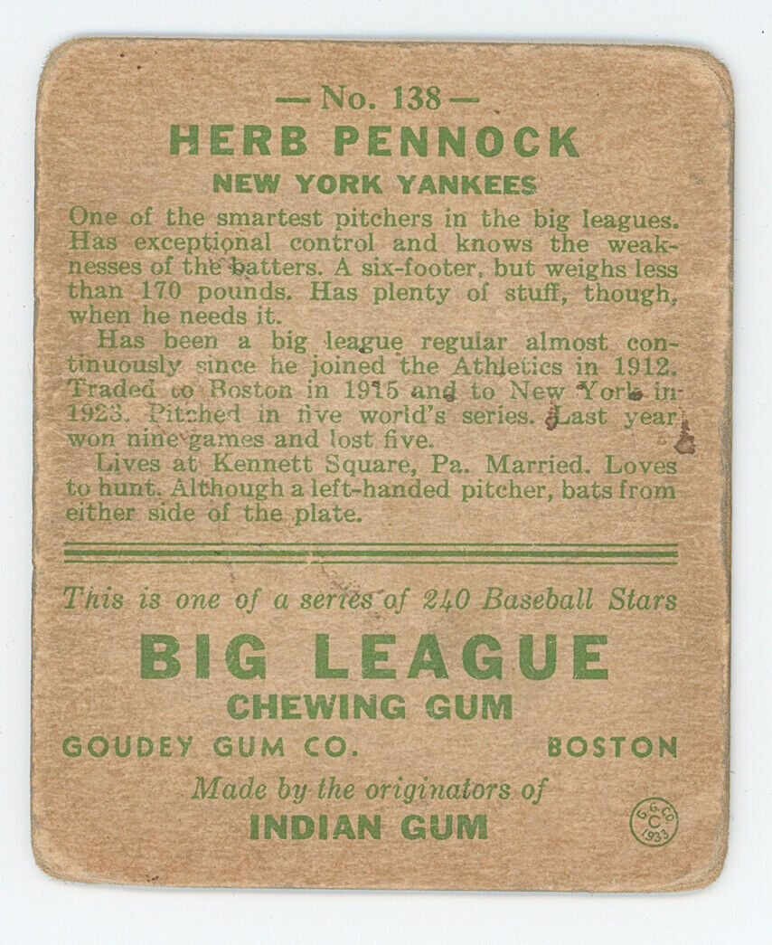 1933 Goudey Herb Pennock.