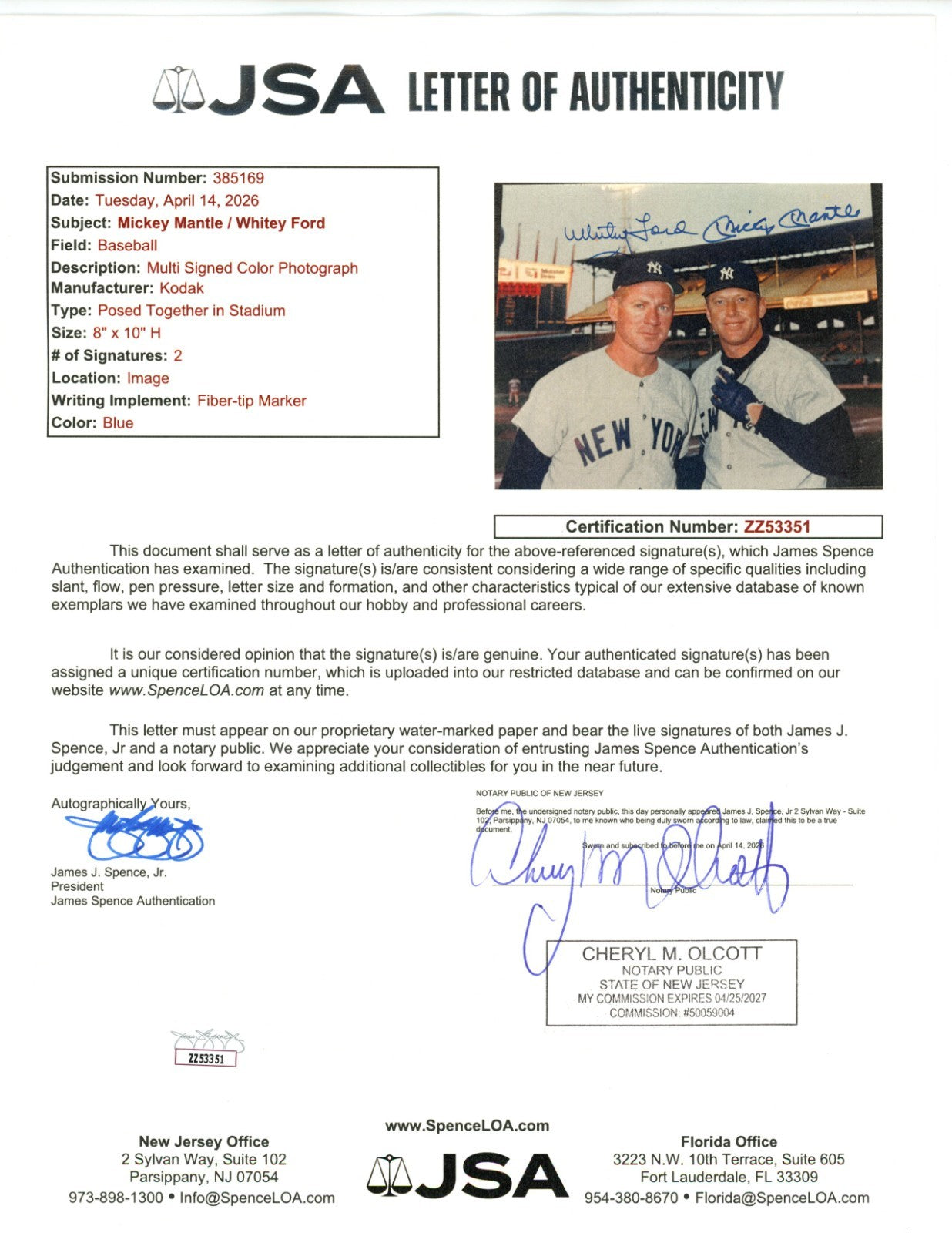 Mickey Mantle and Whitey Ford Signed Photo 8x10. Yankees JSA1