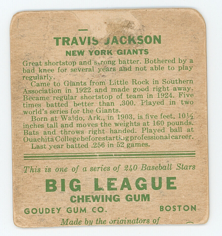 1933 Goudey Travis Jackson. New York Giants.