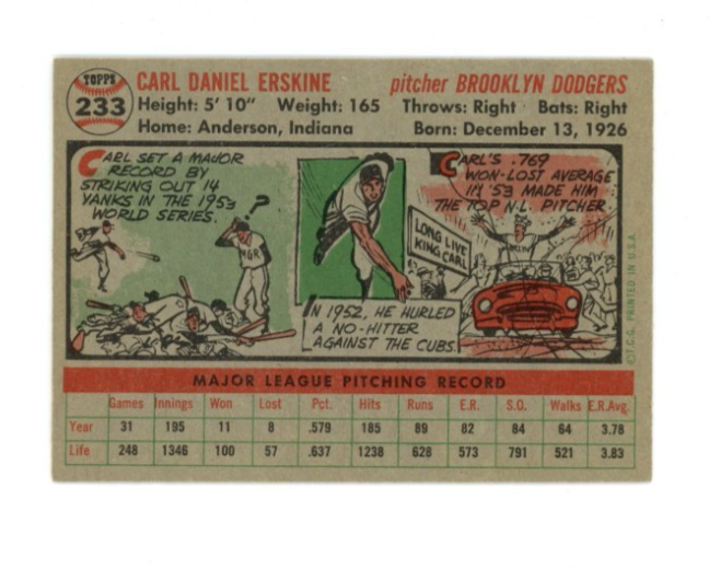 1956 Topps Carl Erskine Gray Back1