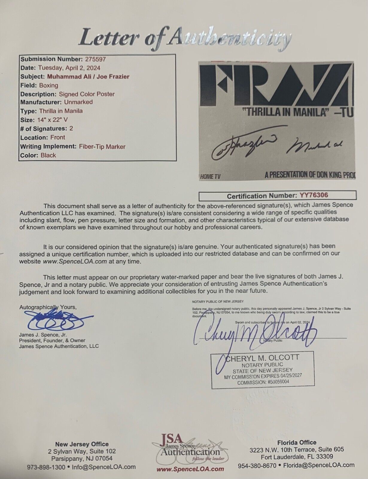 Muhammed Ali and Joe Frazier Dual Signed Thrilla in Manila Fight Poster. JSA