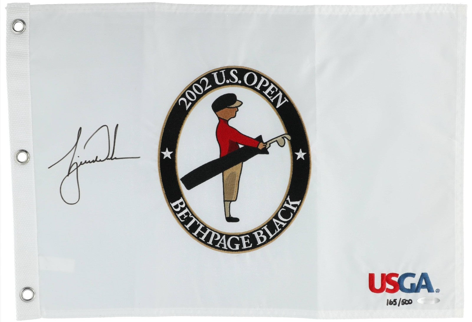 Tiger Woods Signed 2002 U.S. Open Bethpage Black Flag. Upper Deck UDA LE1