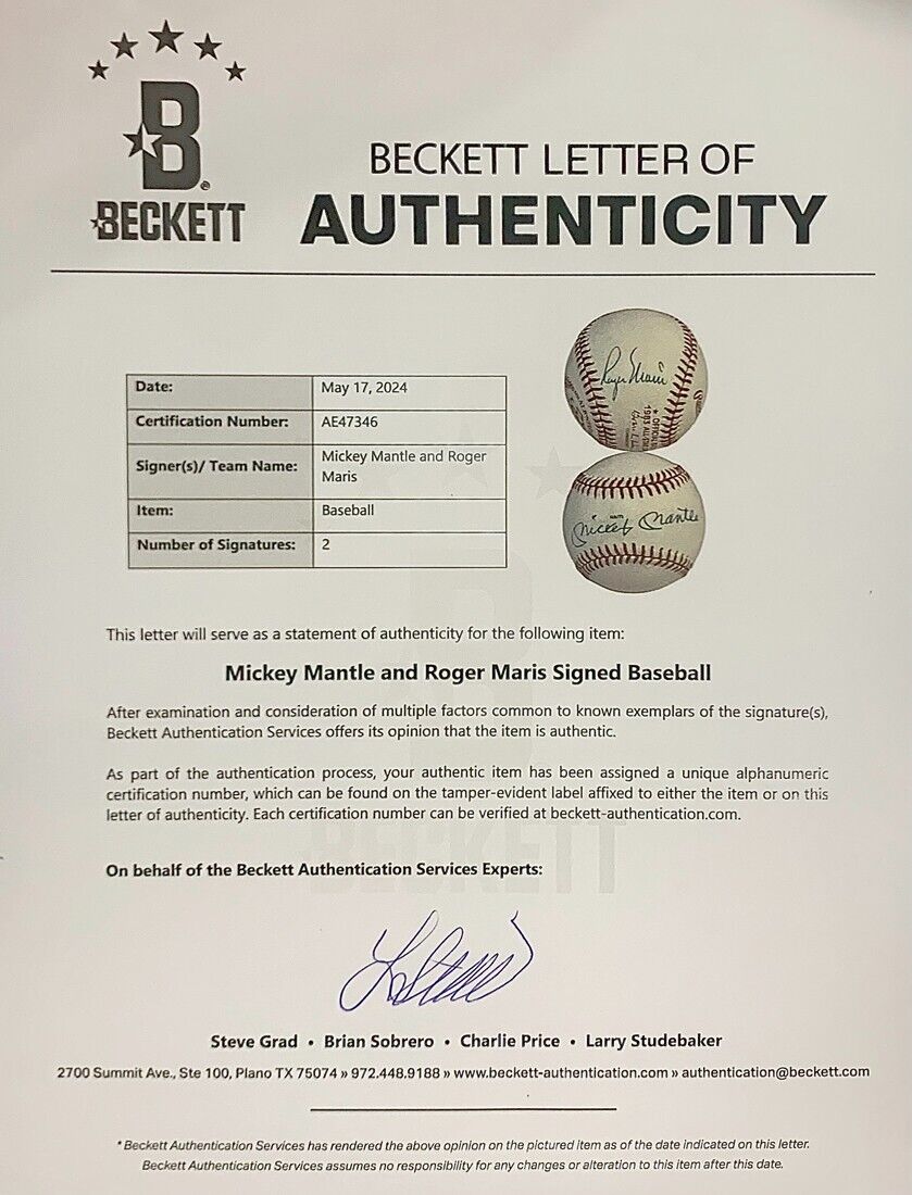 Mickey Mantle & Roger Maris Dual Signed Baseball. Auto Grade PSA 8, Mint 9.