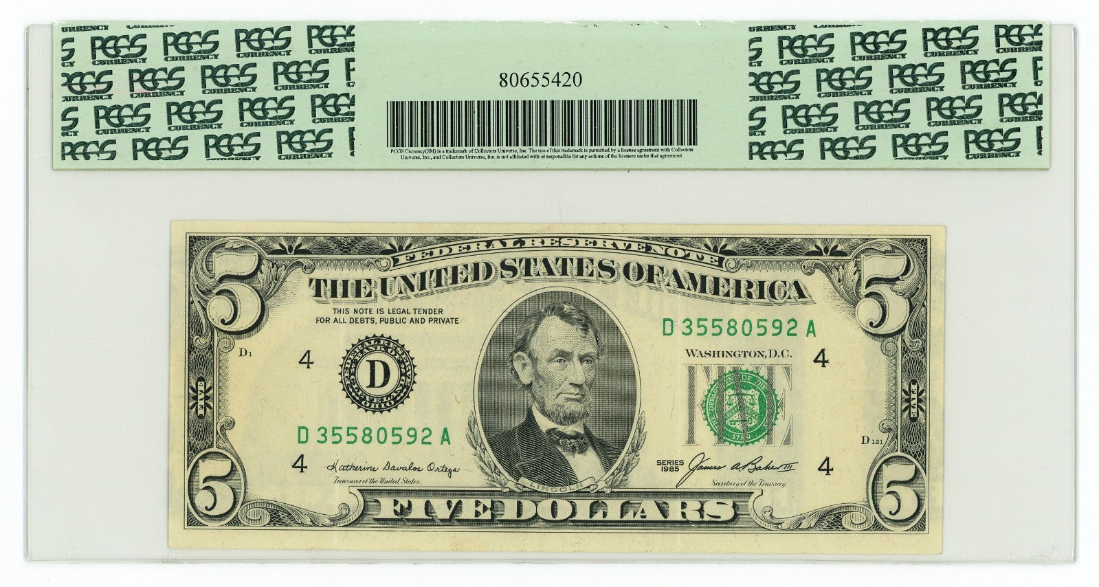 1978D $5 Federal Reserve Note Misaligned Back Printing Error. PCGS XF40 PPQ1