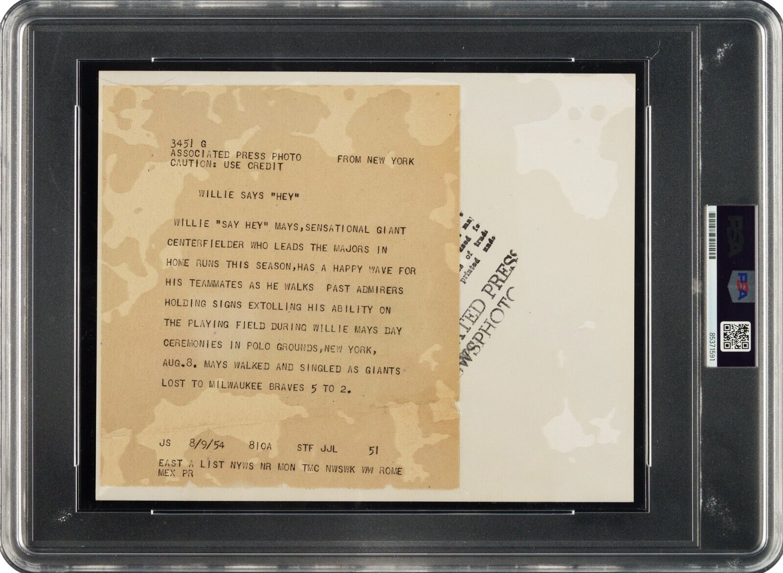 Willie Mays - Original Type 1 Photo from Willie Mays Day – August 8, 1954. PSA