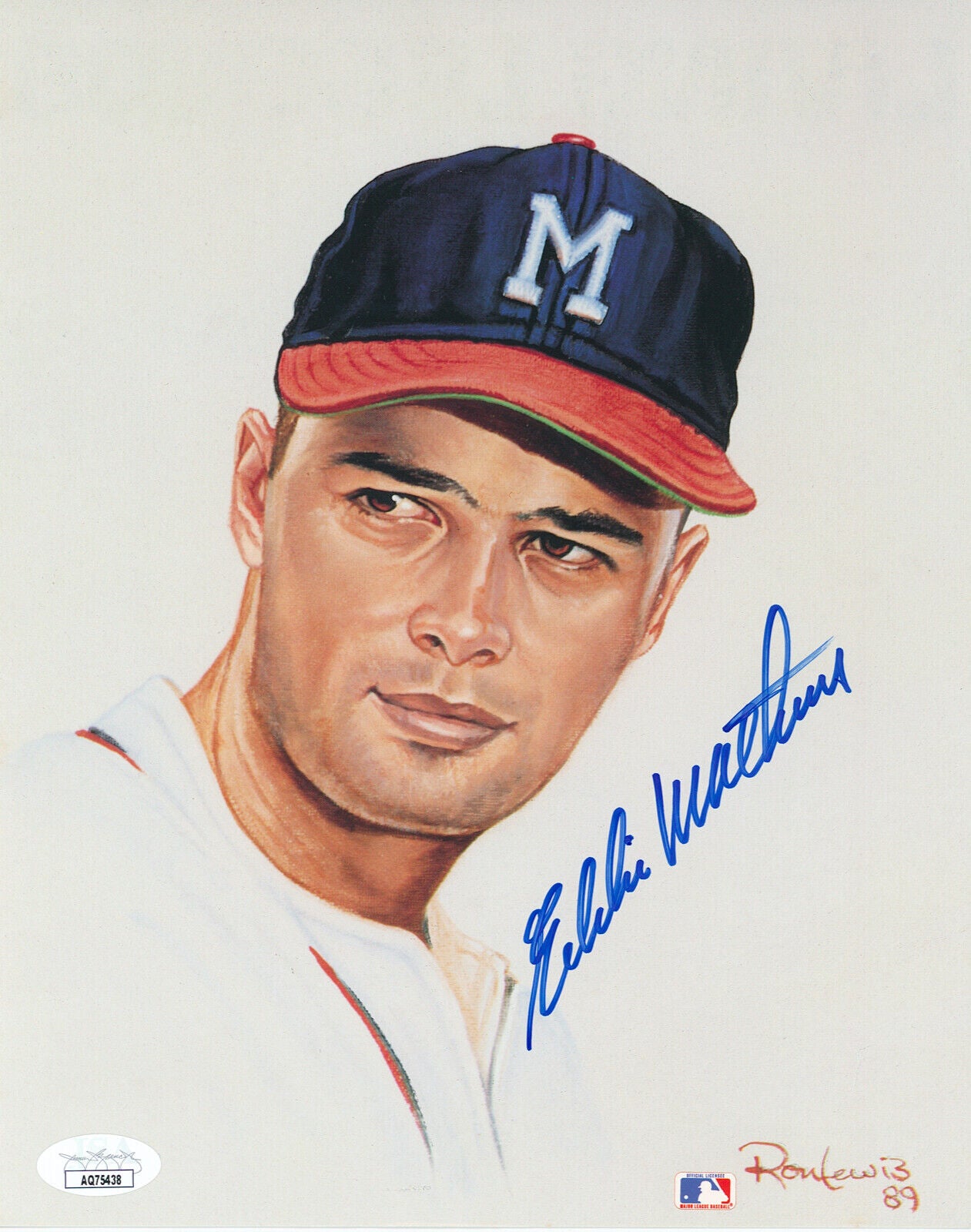 Eddie Mathews Signed 8x10 Photo, Ron Lewis. Milwaukee Braves HOF. JSA