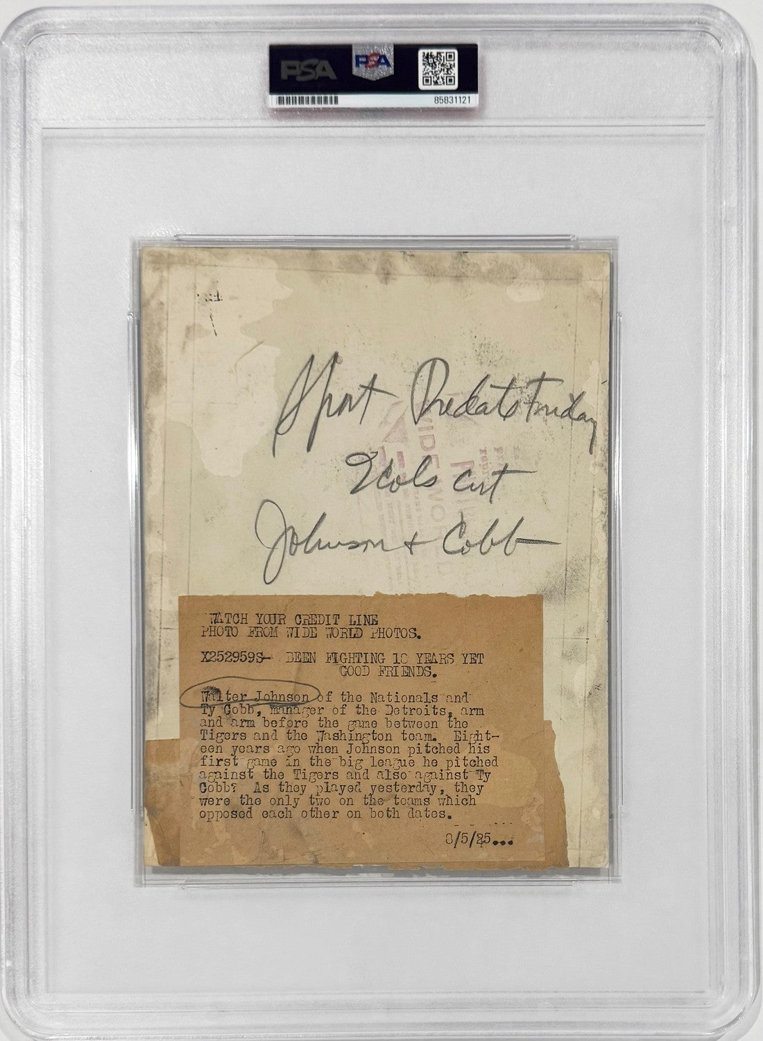 1925 Ty Cobb and Walter Johnson Type 3 Original Photo. PSA4