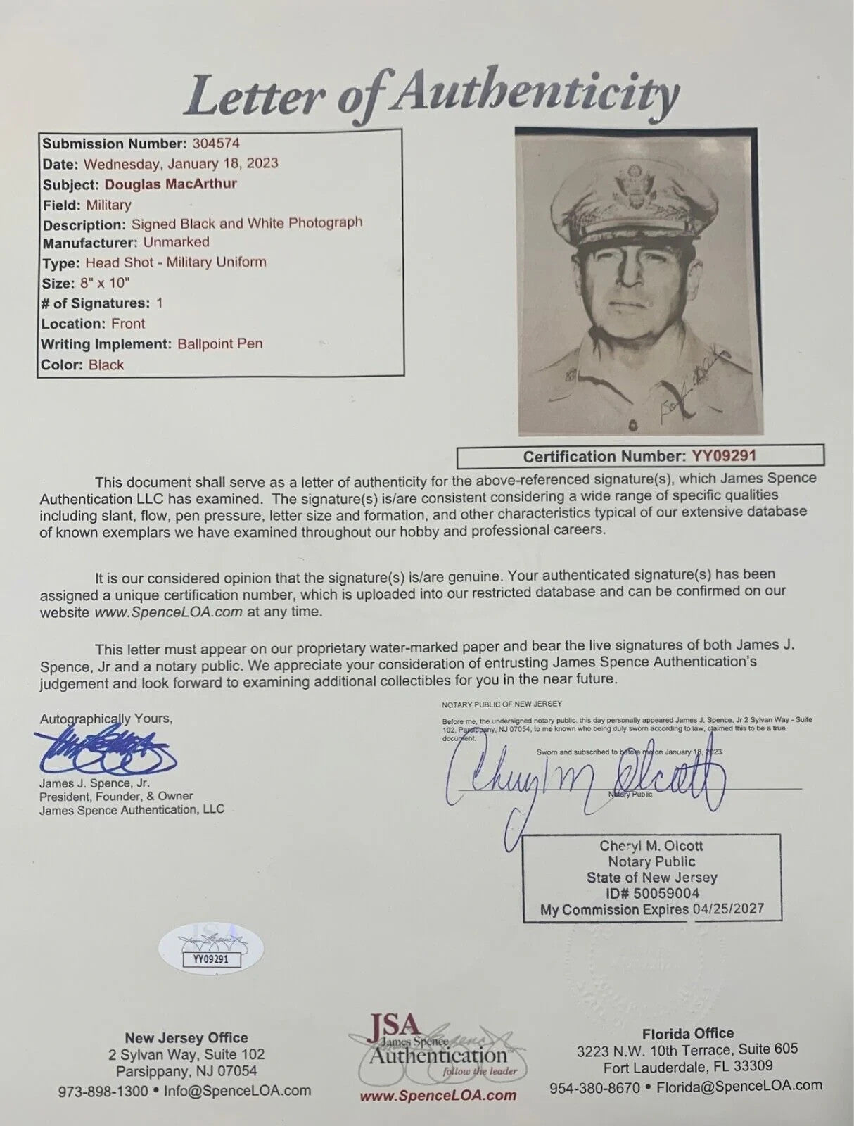 Rare WWII General Douglas MacArthur Signed 8x10 Photo, World War 2. Auto JSA1