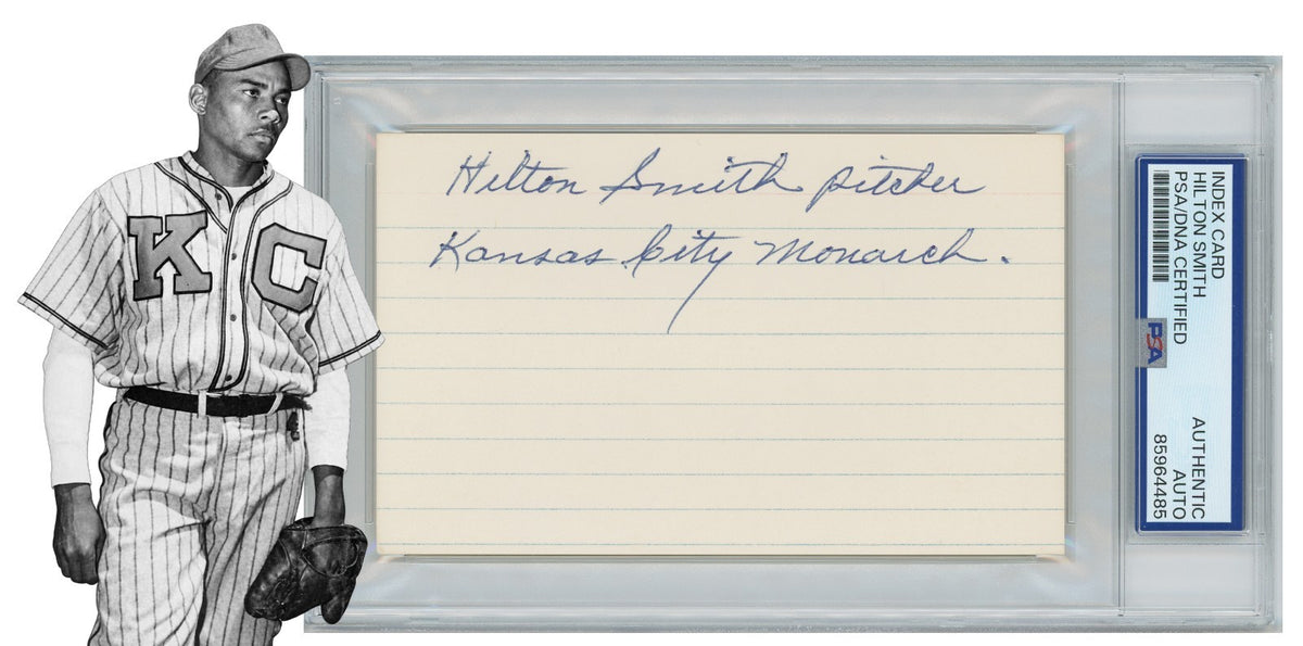 Hilton Smith Signed & Inscribed Kansas City Monarchs Index Card Autograph. PSA0
