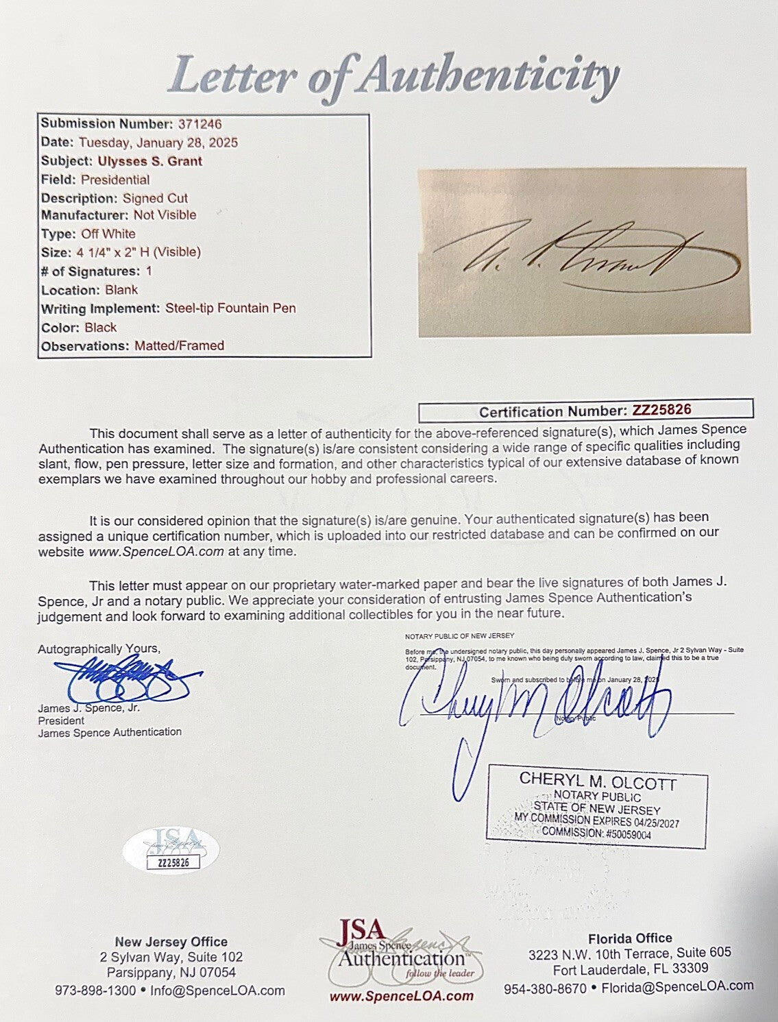 President Ulysses S. Grant Signed Autographed Display Framed JSA2