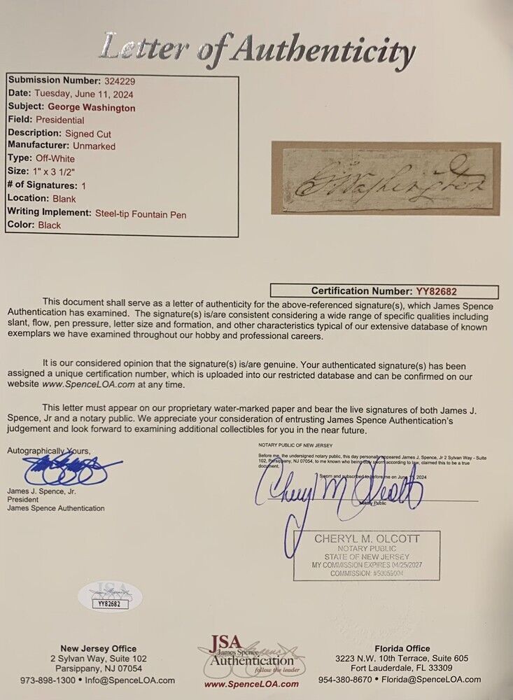 President George Washington Signed Autograph Display, Rare Signature. Auto JSA