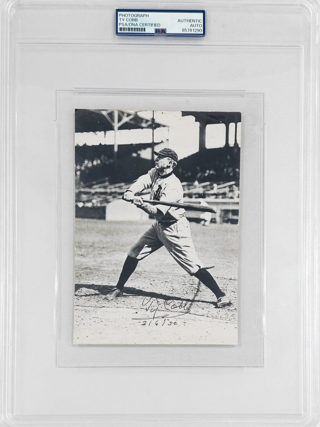 Ty Cobb Signed Photograph. Rare In Action Photo, Batting. PSA0