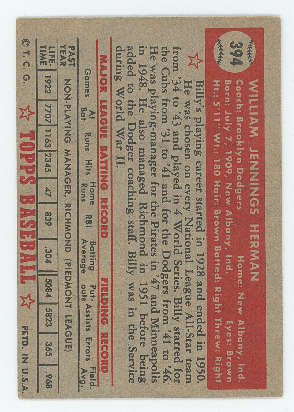 1952 Topps Billy Herman. Brooklyn Dodgers.