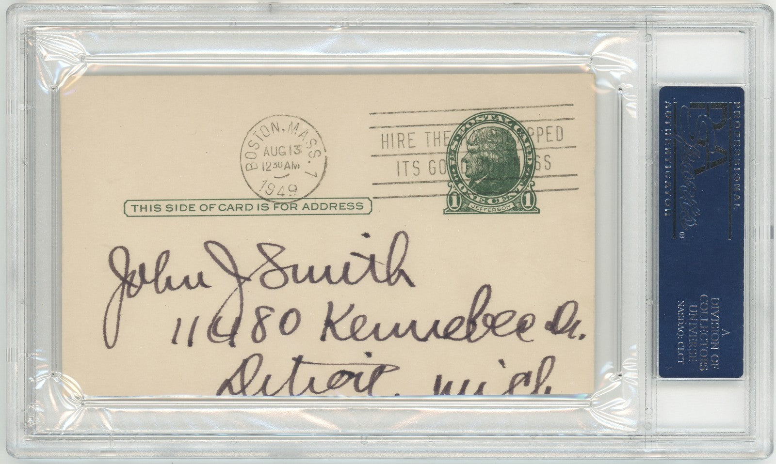 Eddie Collins Signed 1949 Government Postcard GPC. PSA 82