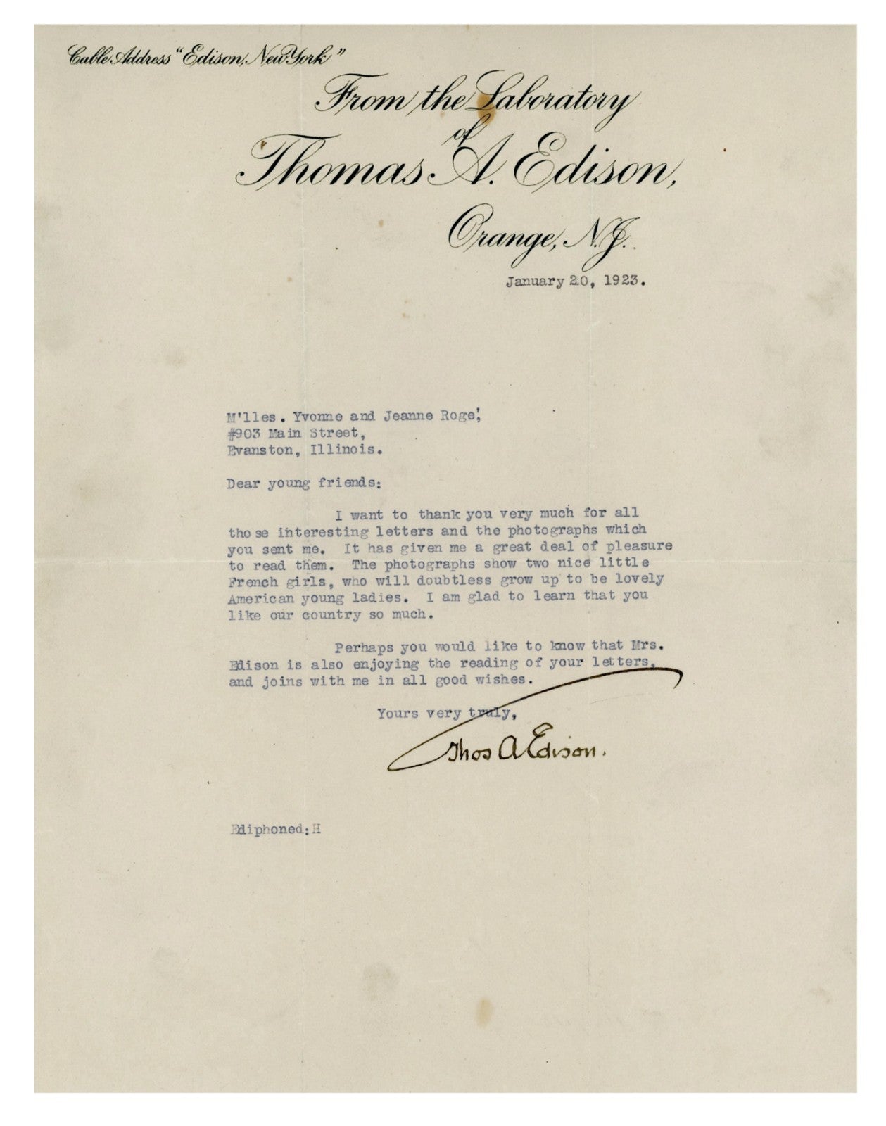 Thomas Edison Signed Letter. Auto Graded PSA Mint 94
