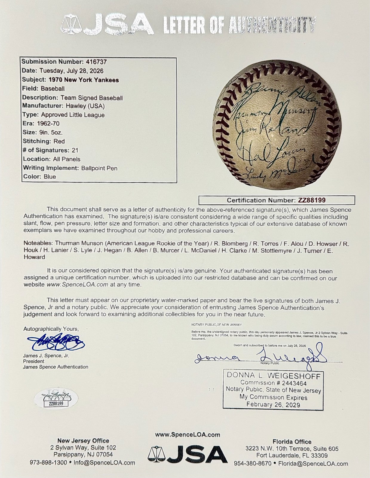 1970 New York Yankees Team Signed Baseball with Rookie Thurman Munson. JSA6