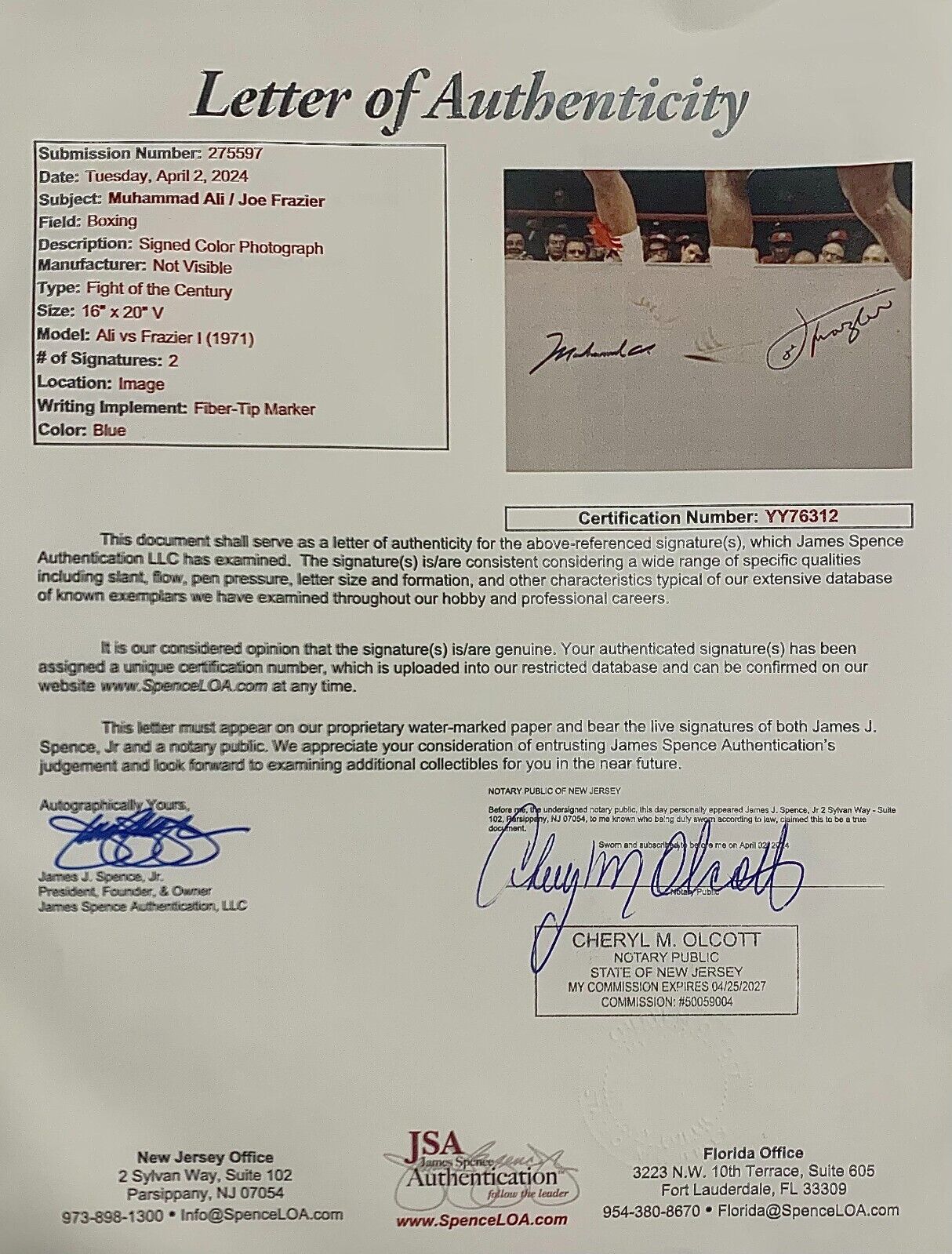 Muhammed Ali & Joe Frazier Dual Signed 16x20 Photo, Fight of the Century. JSA