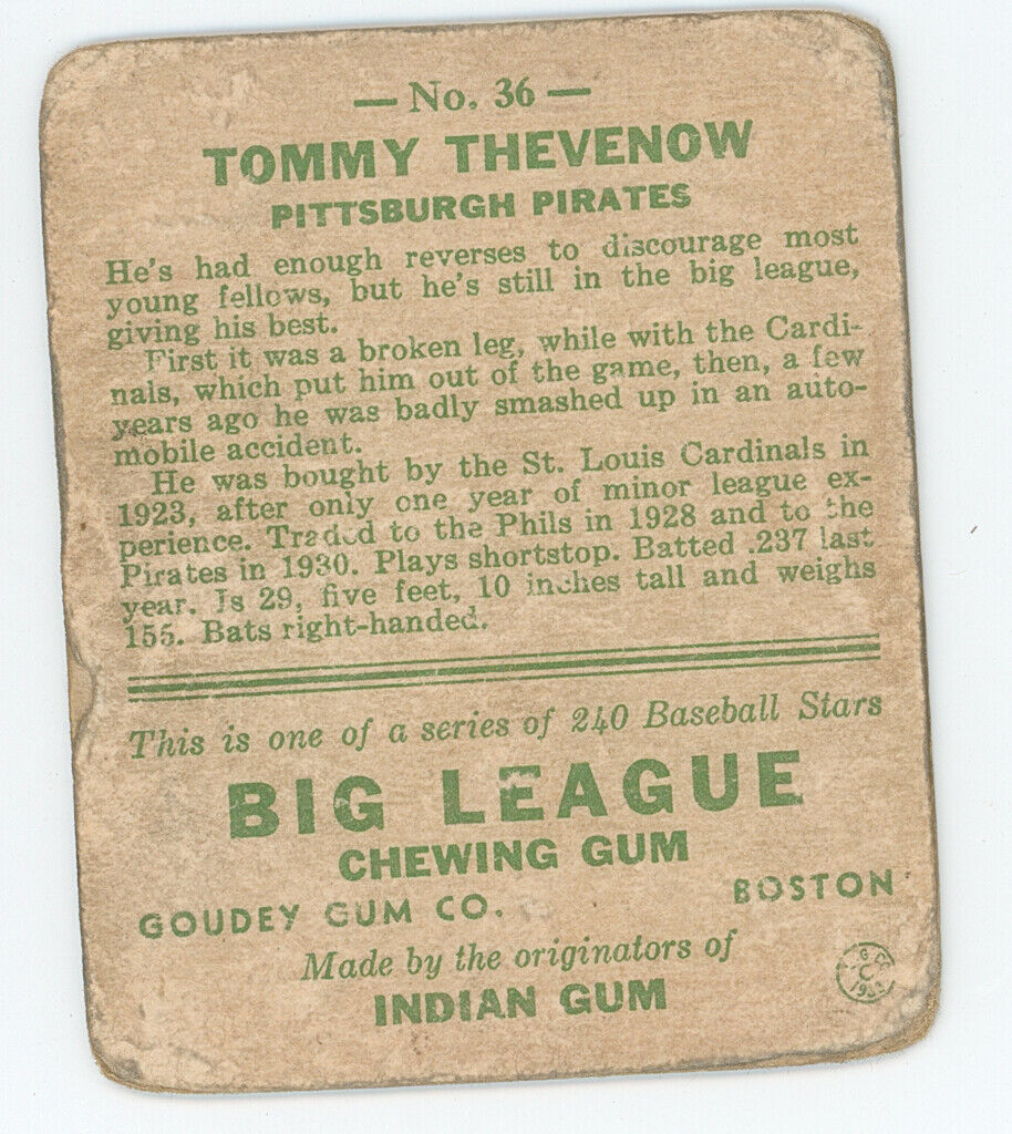 1933 Goudey Tommy Thevenow. Pittsburgh Pirates.