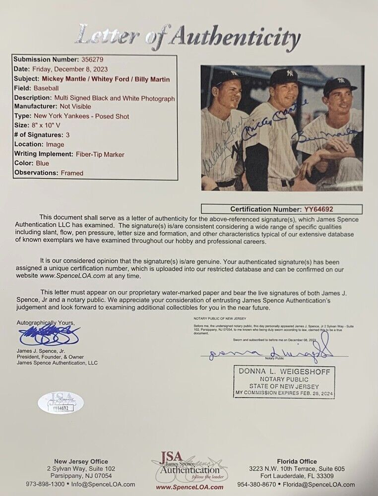 Mickey Mantle, Whitey Ford & Billy Martin Signed 8x10 Photo NY Yankees. Auto JSA