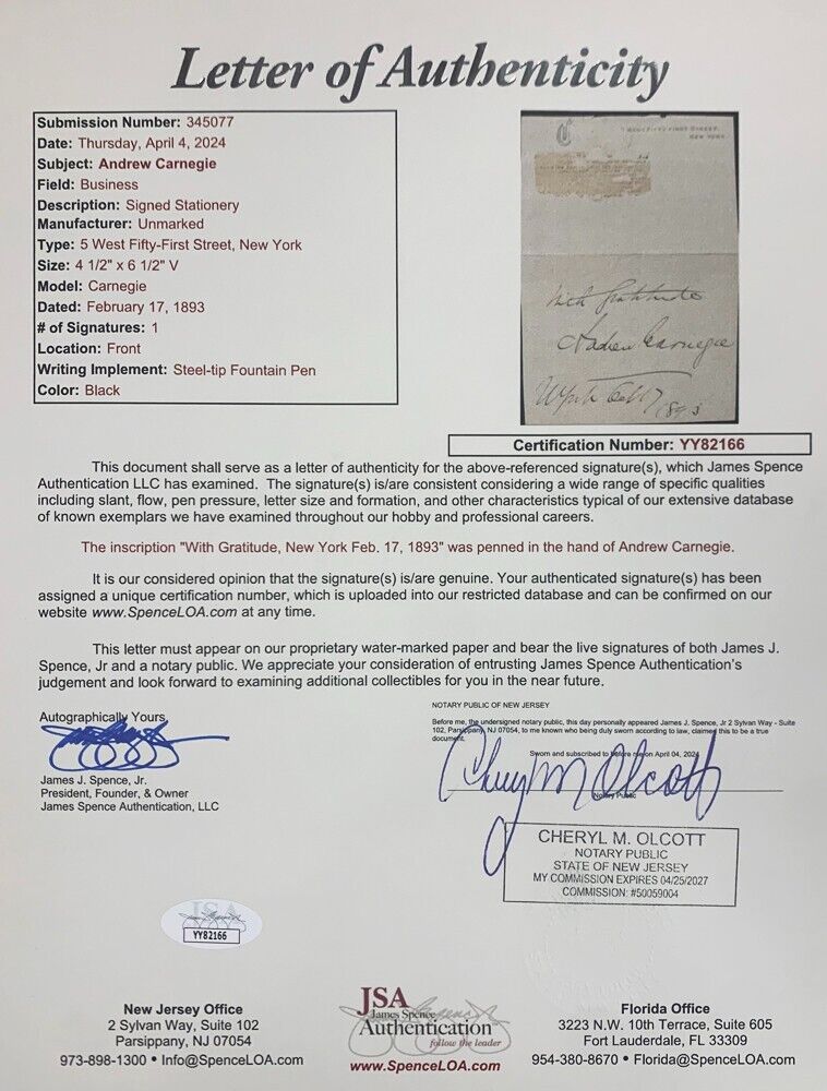Gorgeous Andrew Carnegie Signed Autograph Display, New York City 1893. Auto JSA
