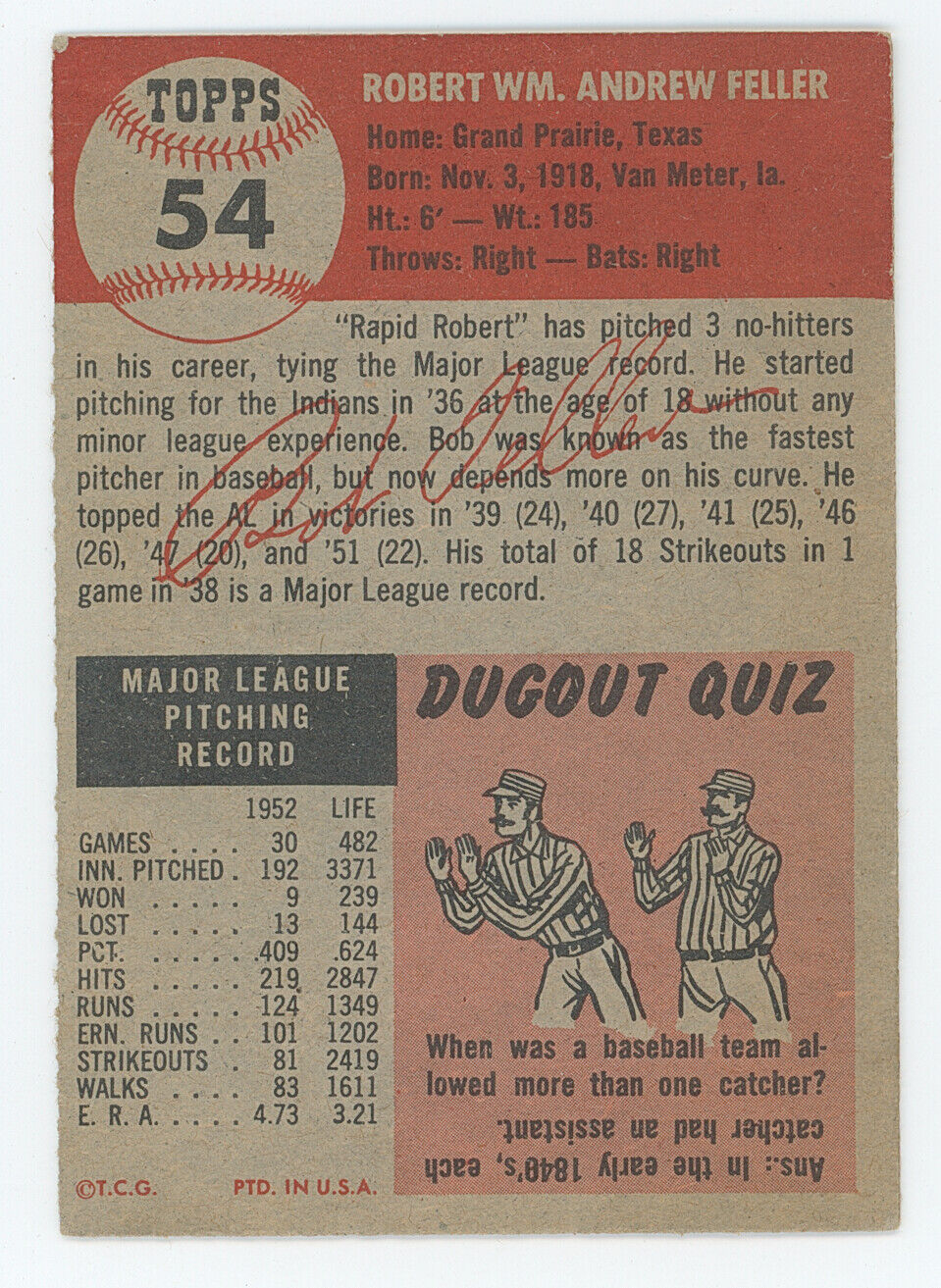 1953 Topps Bob Feller. Cleveland Indians.