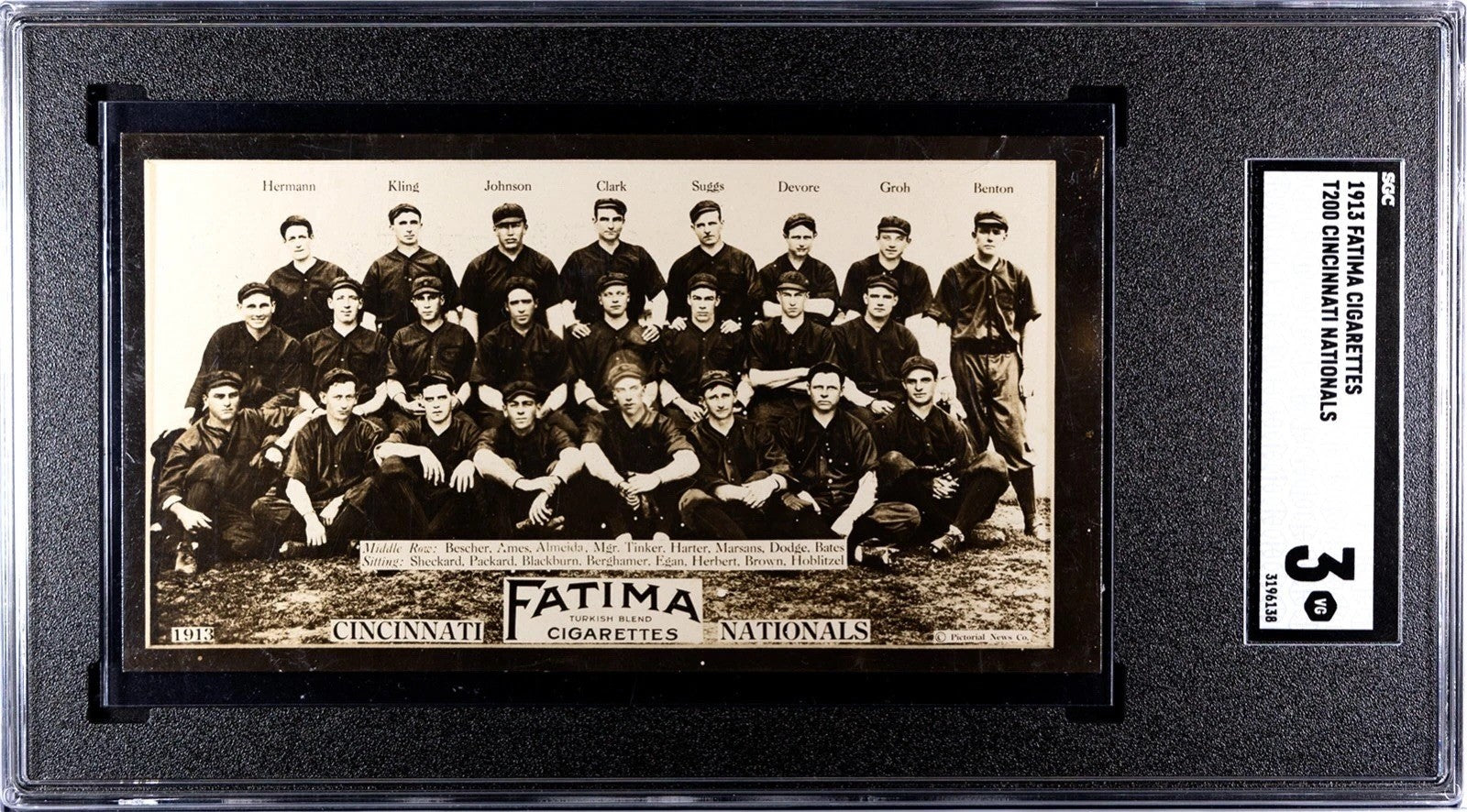 1913 Fatima T200 Cincinnati Nationals. Mordecai Brown, Joe Tinker. SGC 30